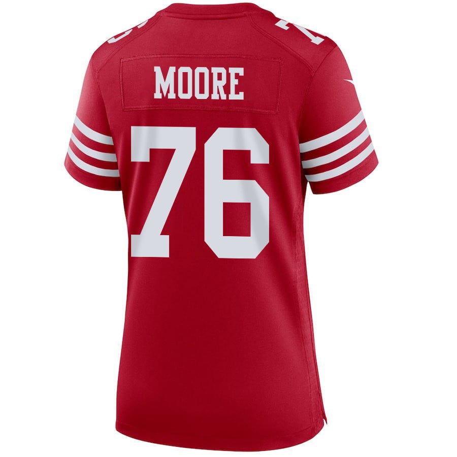 Jaylon Moore 76 San Francisco 49ers Super Bowl LVIII Patch Game Scarlet NFL Jersey Women's