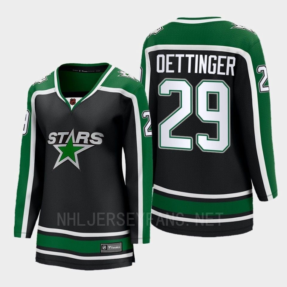 Dallas Stars 29 Jake Oettinger Reverse Retro Black Equipment, Women NHL Jersey Women's