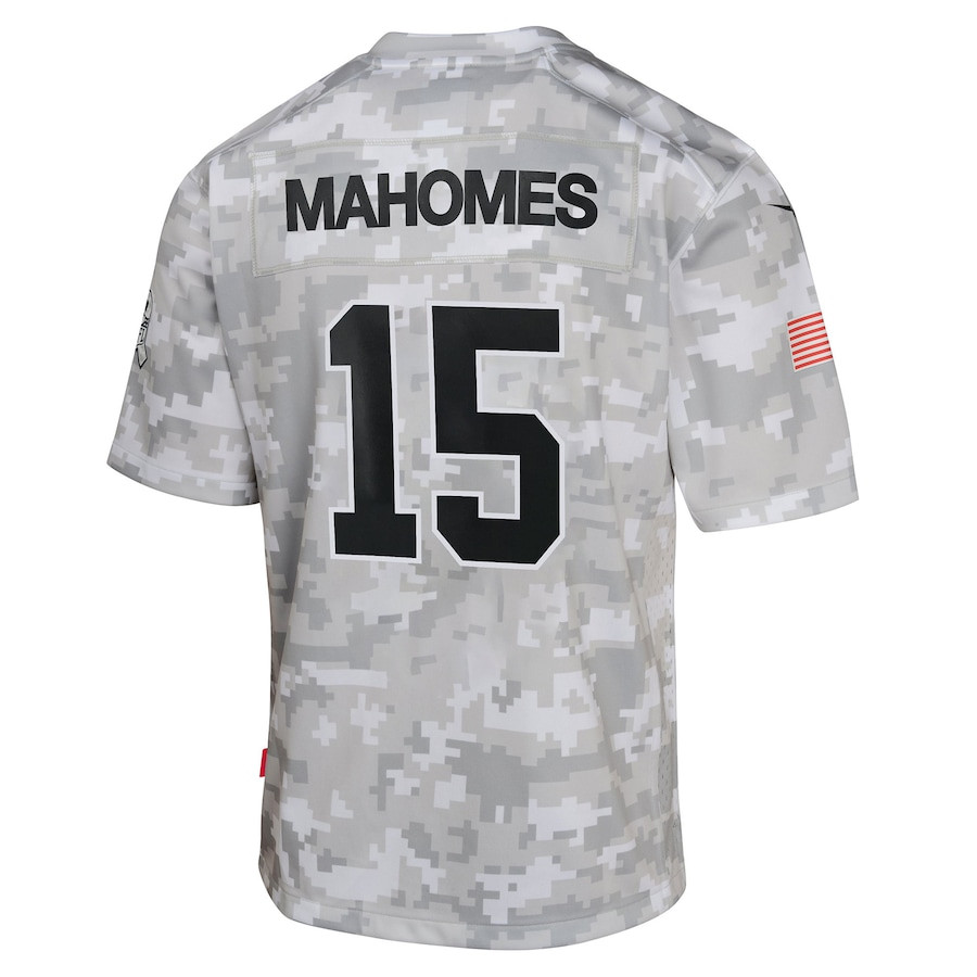 Patrick Mahomes 15 Kansas City Chiefs 2024 Salute to Service Game Arctic Camo NFL Jersey Youth