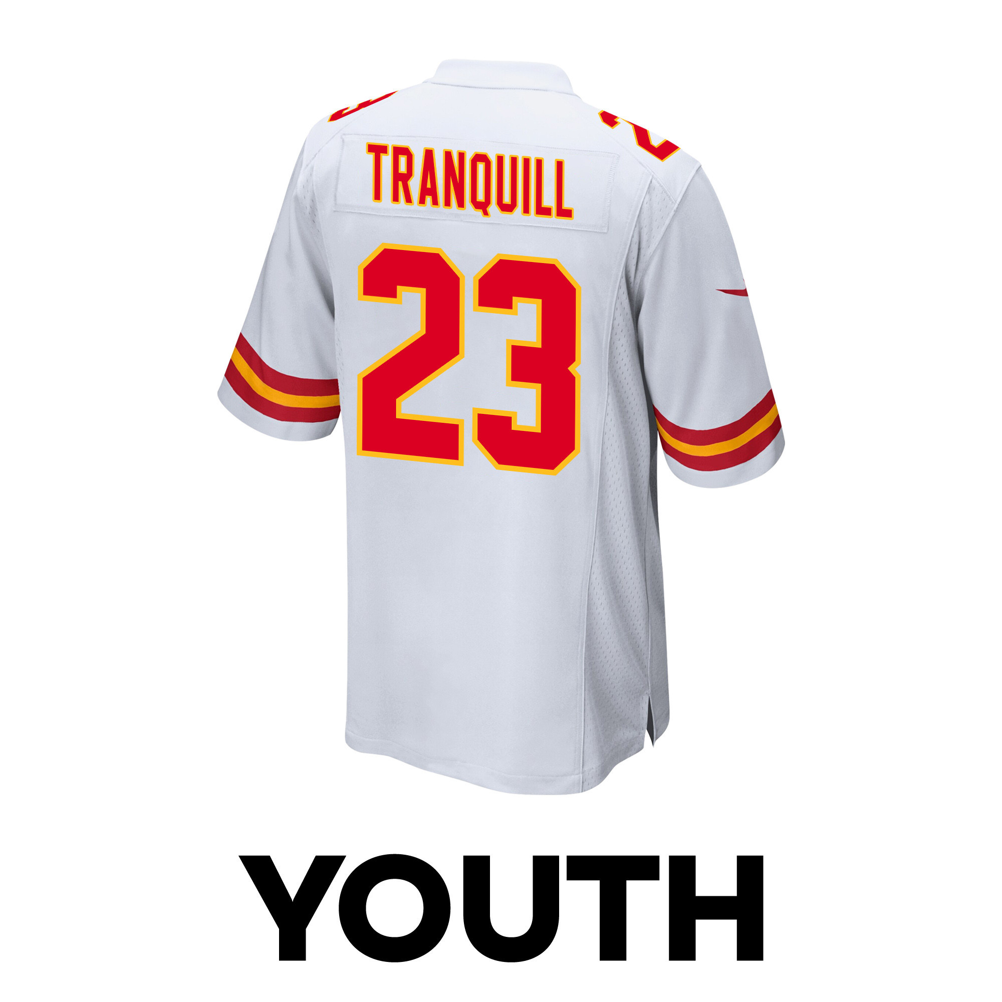 Drue Tranquill 23 Kansas City Chiefs Super Bowl LVIII Champions 4 Stars Patch Game White NFL Jersey Youth