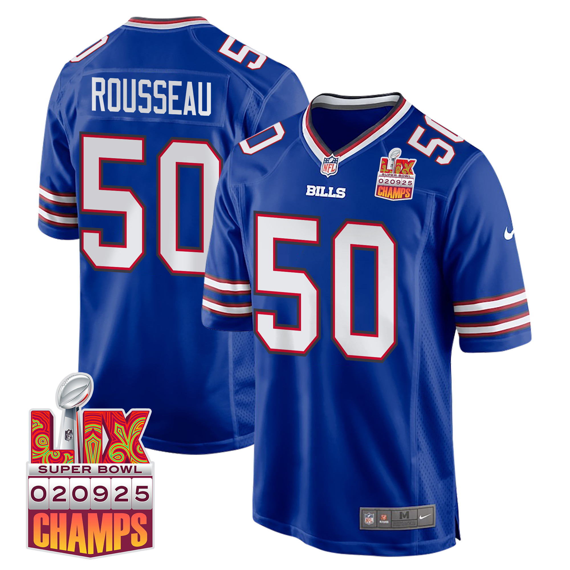 Greg Rousseau 50 Buffalo Bills Super Bowl LIX Champions Patch Game Royal NFL Jersey Men's