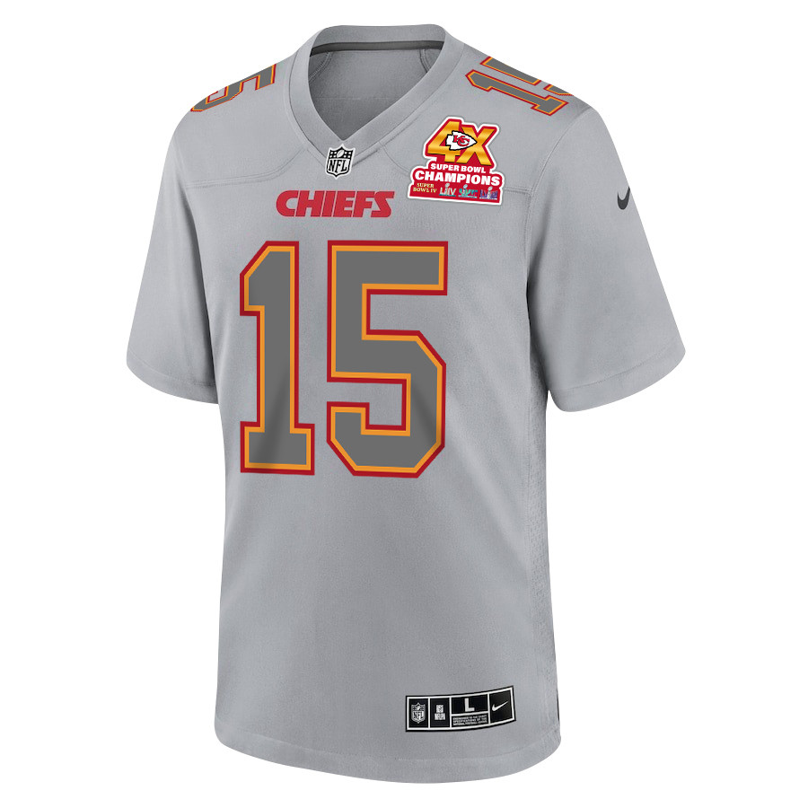 Patrick Mahomes 15 Kansas City Chiefs Super Bowl LVIII Champions 4X Atmosphere Fashion Game Gray NFL Jersey Men's