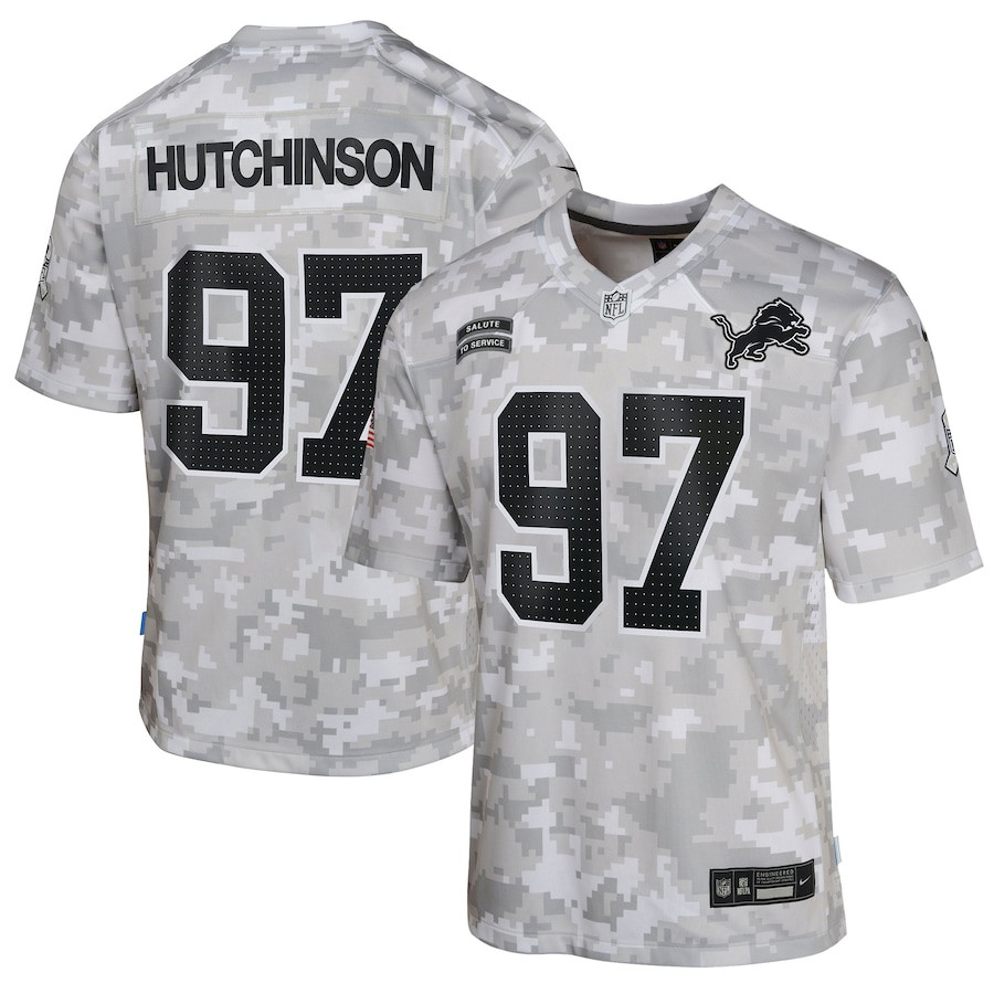 Aidan Hutchinson 97 Detroit Lions 2024 Salute to Service Game Arctic Camo NFL Jersey Youth