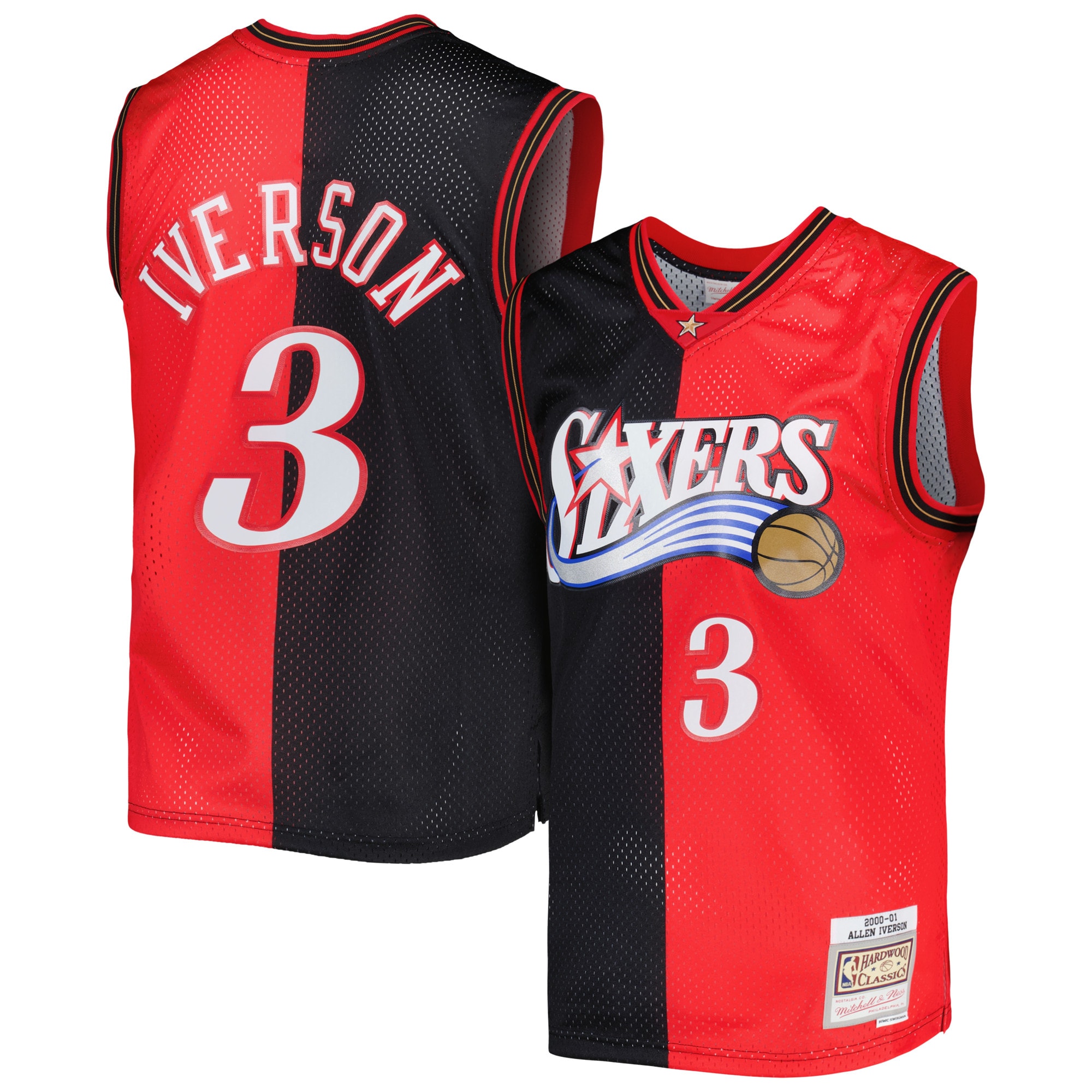 Mitchell Ness Allen Iverson Black/Red Philadelphia 76ers Hardwood Classics 2000/01 Split Swingman NBA Jersey Men's