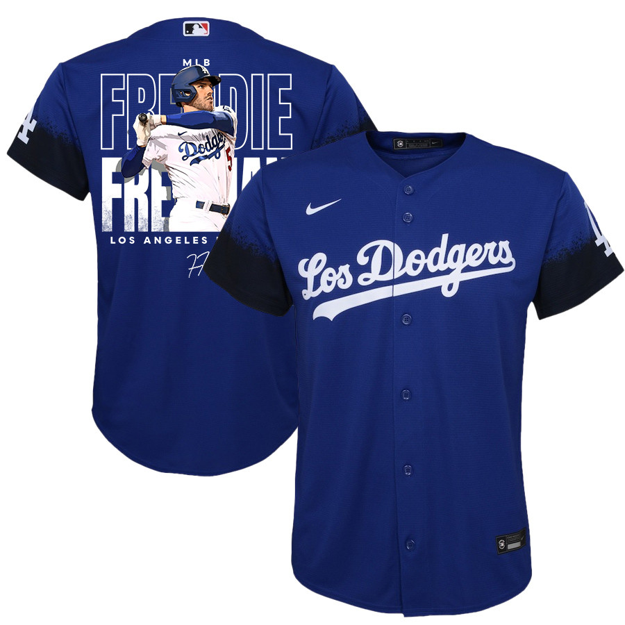 Freddie Freeman 5 Los Angeles Dodgers Signed Home Run 2023 City Connect Player Royal MLB Jersey Youth