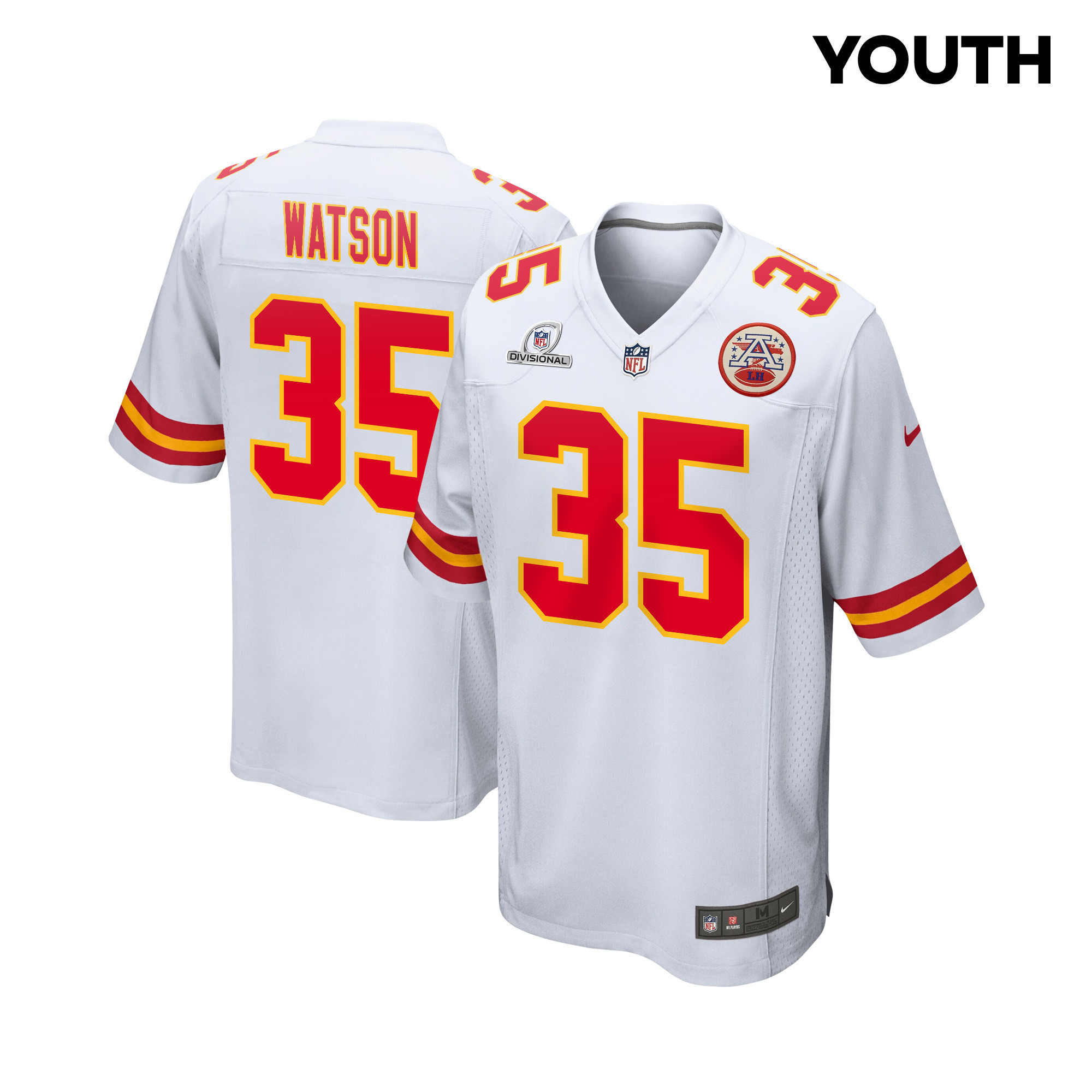 Jaylen Watson 35 Kansas City Chiefs Super Bowl LVIII Patch Game White NFL Jersey Youth