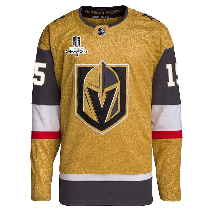 Jake Leschyshyn 15 Vegas Golden Knights Stanley Cup 2023 Champions Patch Home Breakaway Gold NHL Jersey Men's