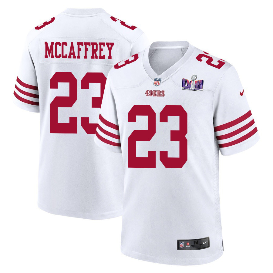 Christian McCaffrey 23 San Francisco 49ers Super Bowl LVIII Patch Game White NFL Jersey Men's