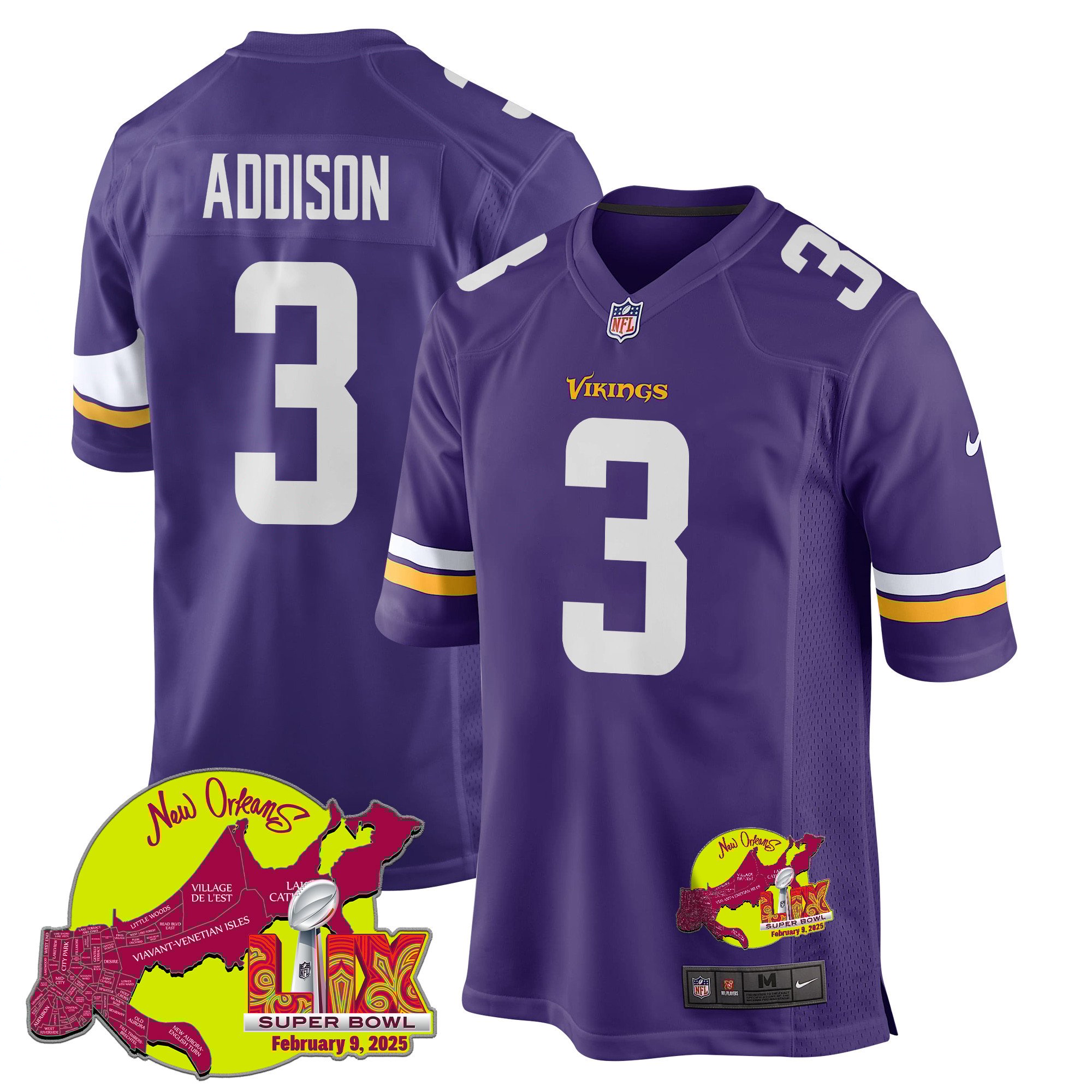 Jordan Addison 3 Minnesota Vikings Super Bowl LIX New Orleans Patch Game Purple NFL Jersey Men's