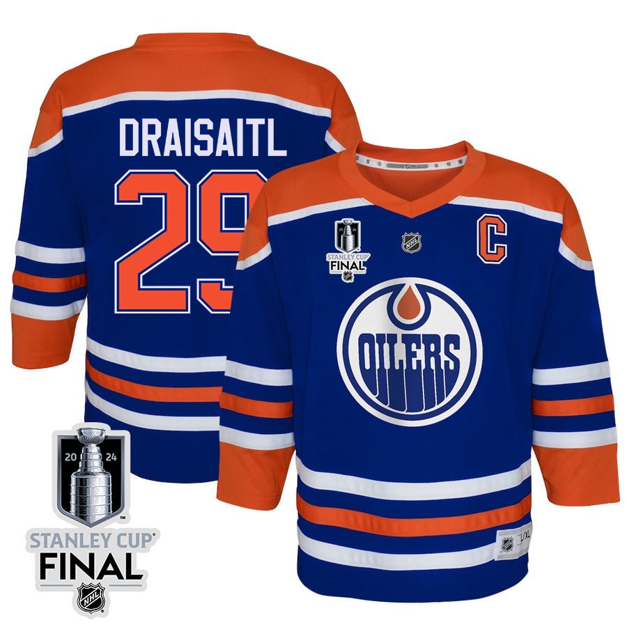 Leon Draisaitl 29 Edmonton Oilers 2024 STANLEY CUP Final Home Royal NHL Jersey Youth