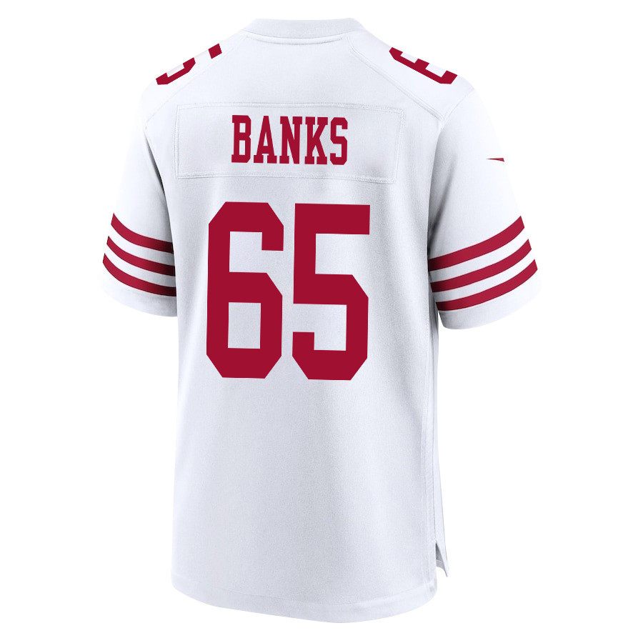 Aaron Banks 65 San Francisco 49ers Super Bowl LVIII Patch Game White NFL Jersey Men's