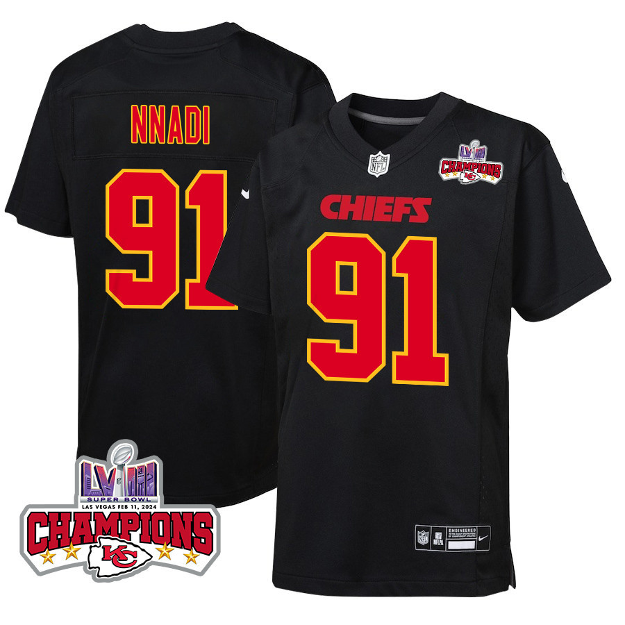Derrick Nnadi 91 Kansas City Chiefs Super Bowl LVIII Champions 4 Stars Patch Fashion Game Carbon Black NFL Jersey Youth