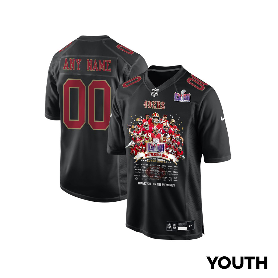 San Francisco 49ers Super Bowl LVIII Thanks For Memories Fashion Game Custom Carbon Black NFL Jersey Youth