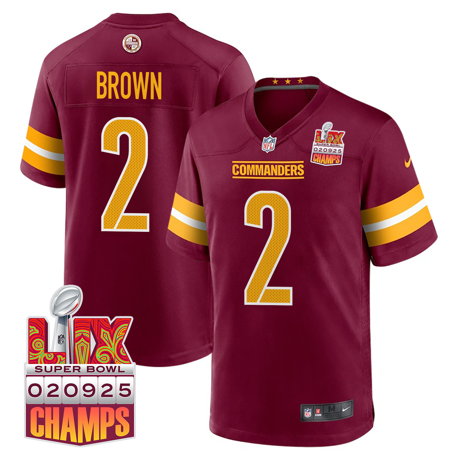 Dyami Brown 2 Washington Commanders Super Bowl LIX Champions Patch Game Burgundy NFL Jersey Men's