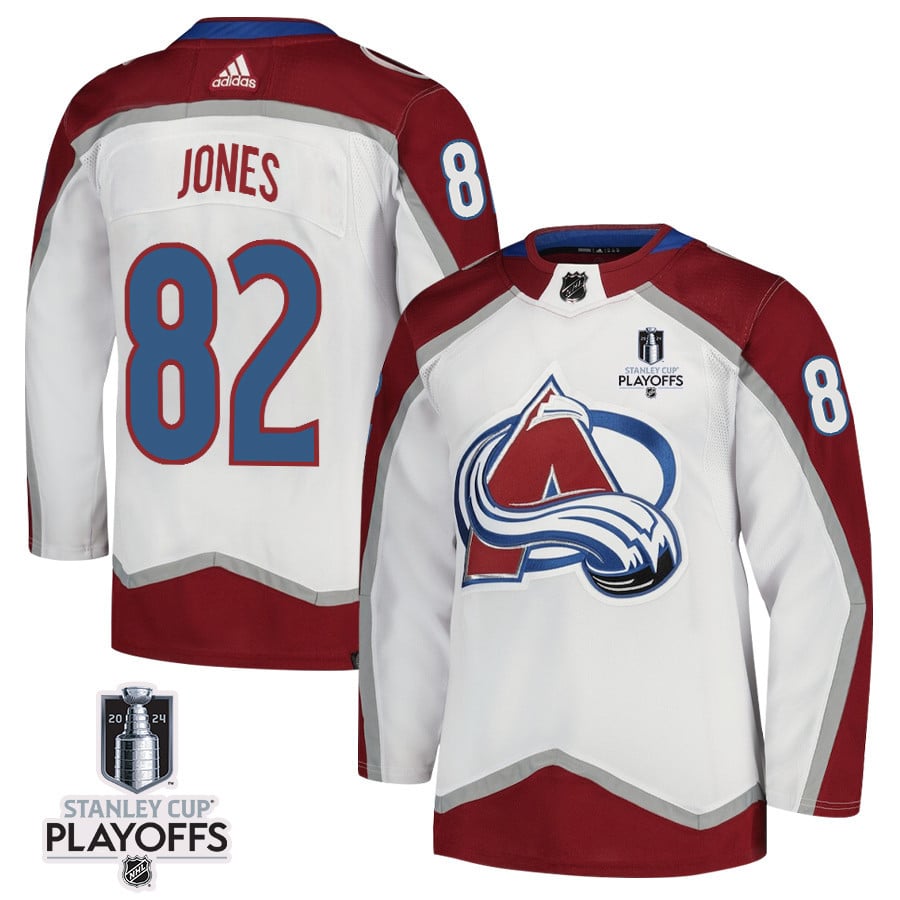 Caleb Jones 82 Colorado Avalanche 2024 Playoffs Patch Away White NHL Jersey Men's