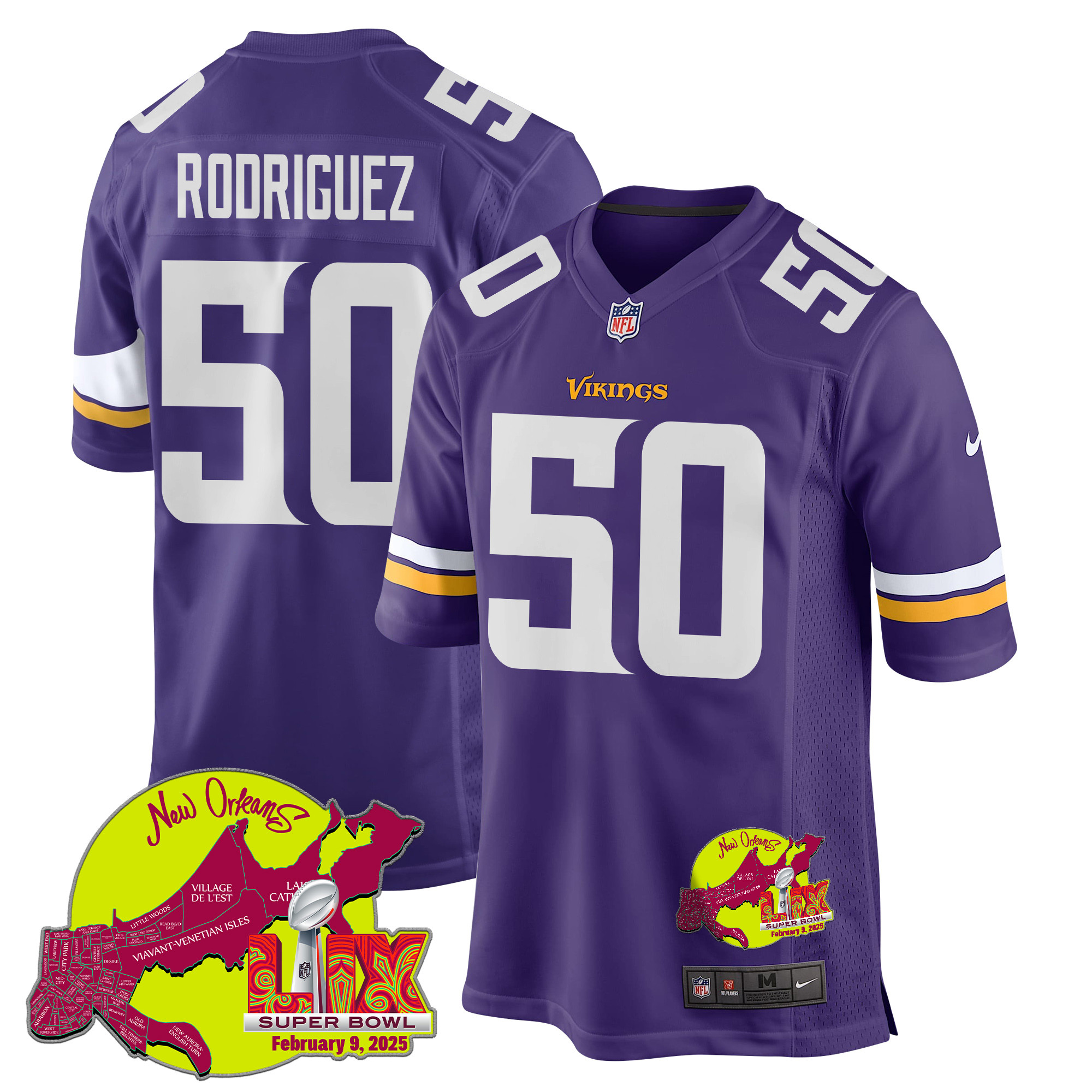Levi Drake Rodriguez 50 Minnesota Vikings Super Bowl LIX New Orleans Patch Game Purple NFL Jersey Men's