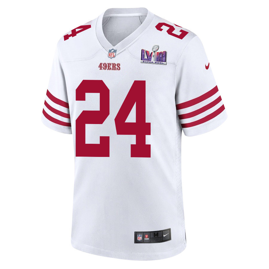 Jordan Mason 24 San Francisco 49ers Super Bowl LVIII Patch Game White NFL Jersey Men's