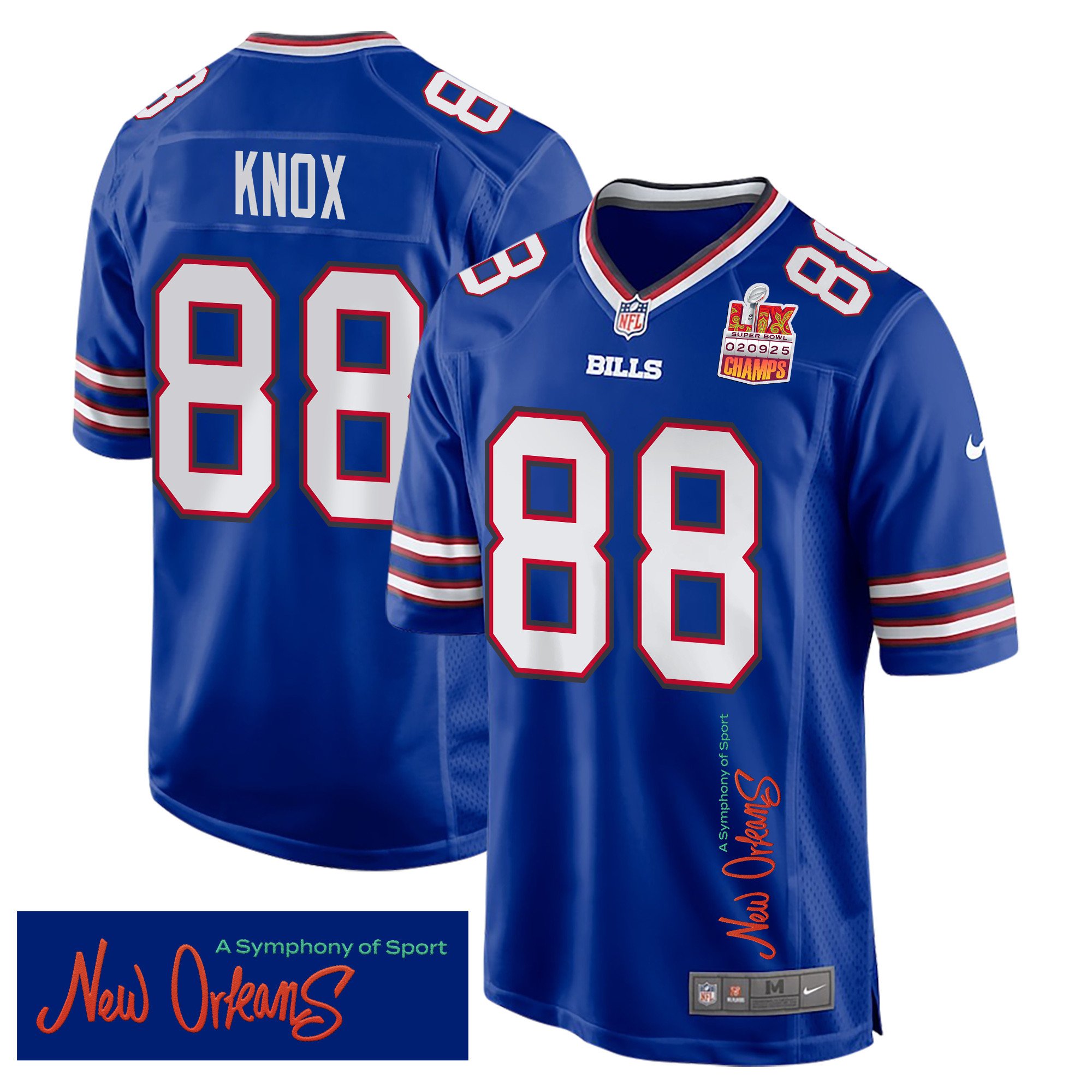 Dawson Knox 88 Buffalo Bills Super Bowl LIX Champions Patch New Orleans A Symphony of Sport' EMBROIDERED Game Royal NFL Jersey Men's