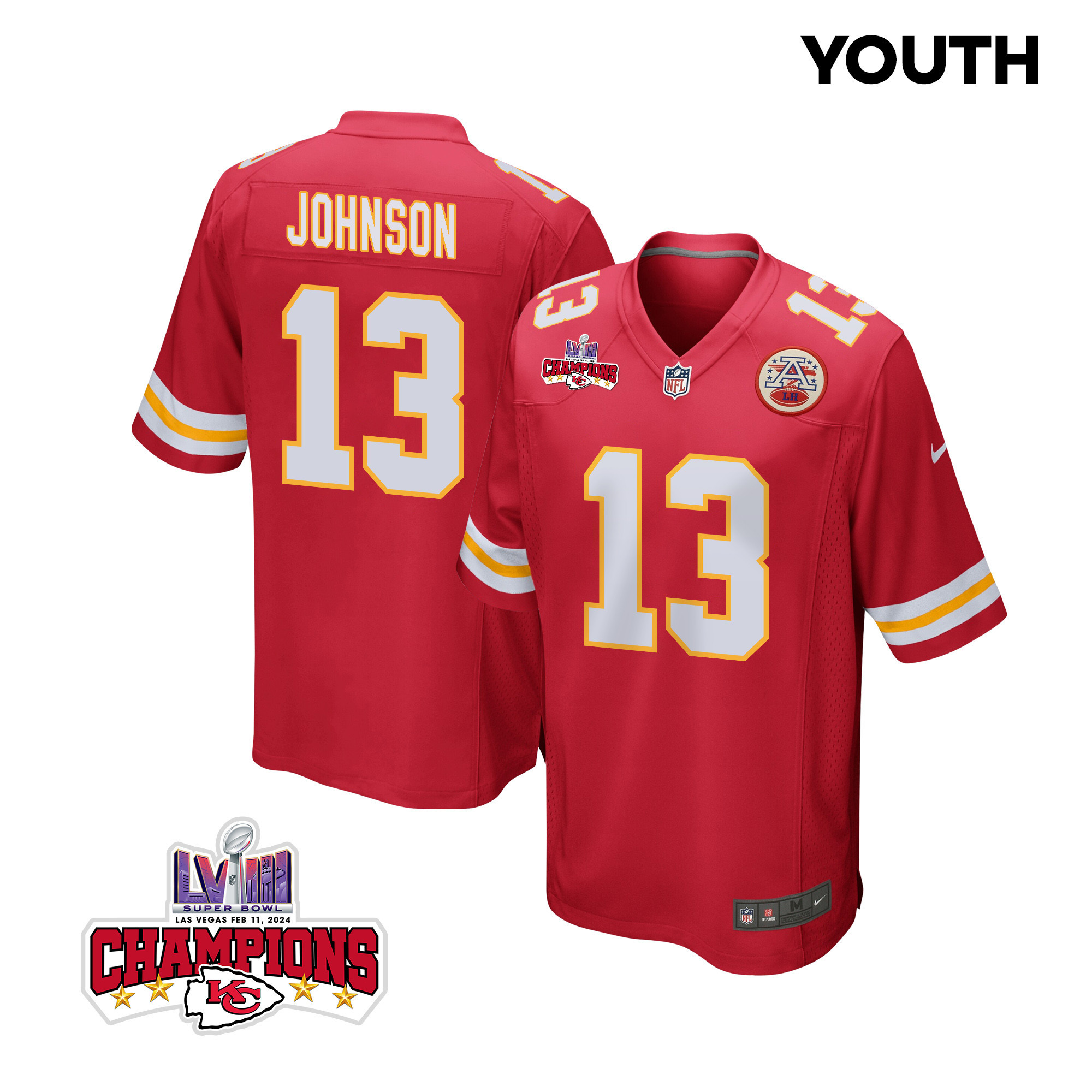 Nazeeh Johnson 13 Kansas City Chiefs Super Bowl LVIII Champions 4 Stars Patch Game Red NFL Jersey Youth