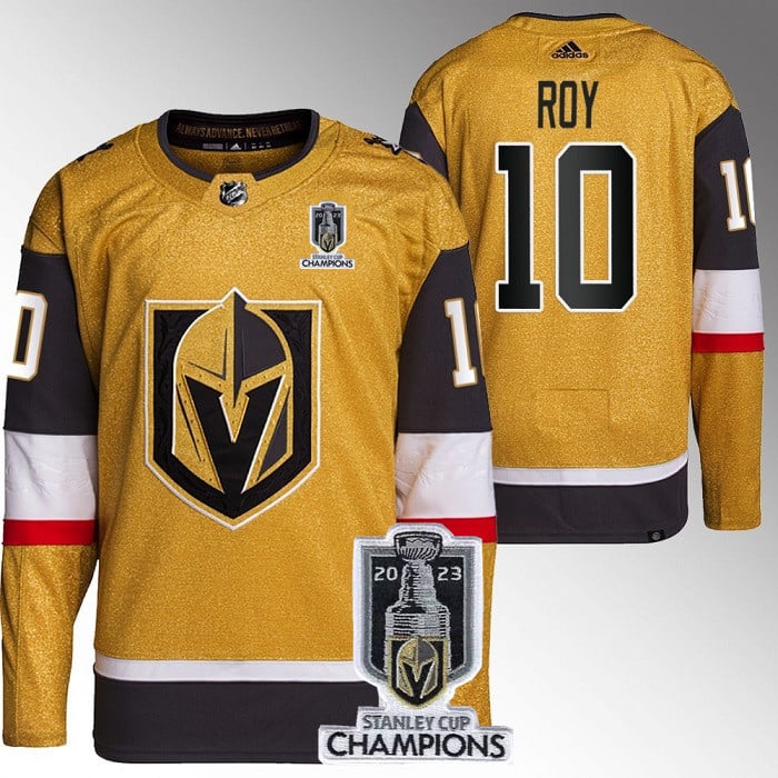 Nicolas Roy 10 Vegas Golden Knights 2023 Stanley Cup Champions Patch Breakaway Home Gold NHL Jersey Men's