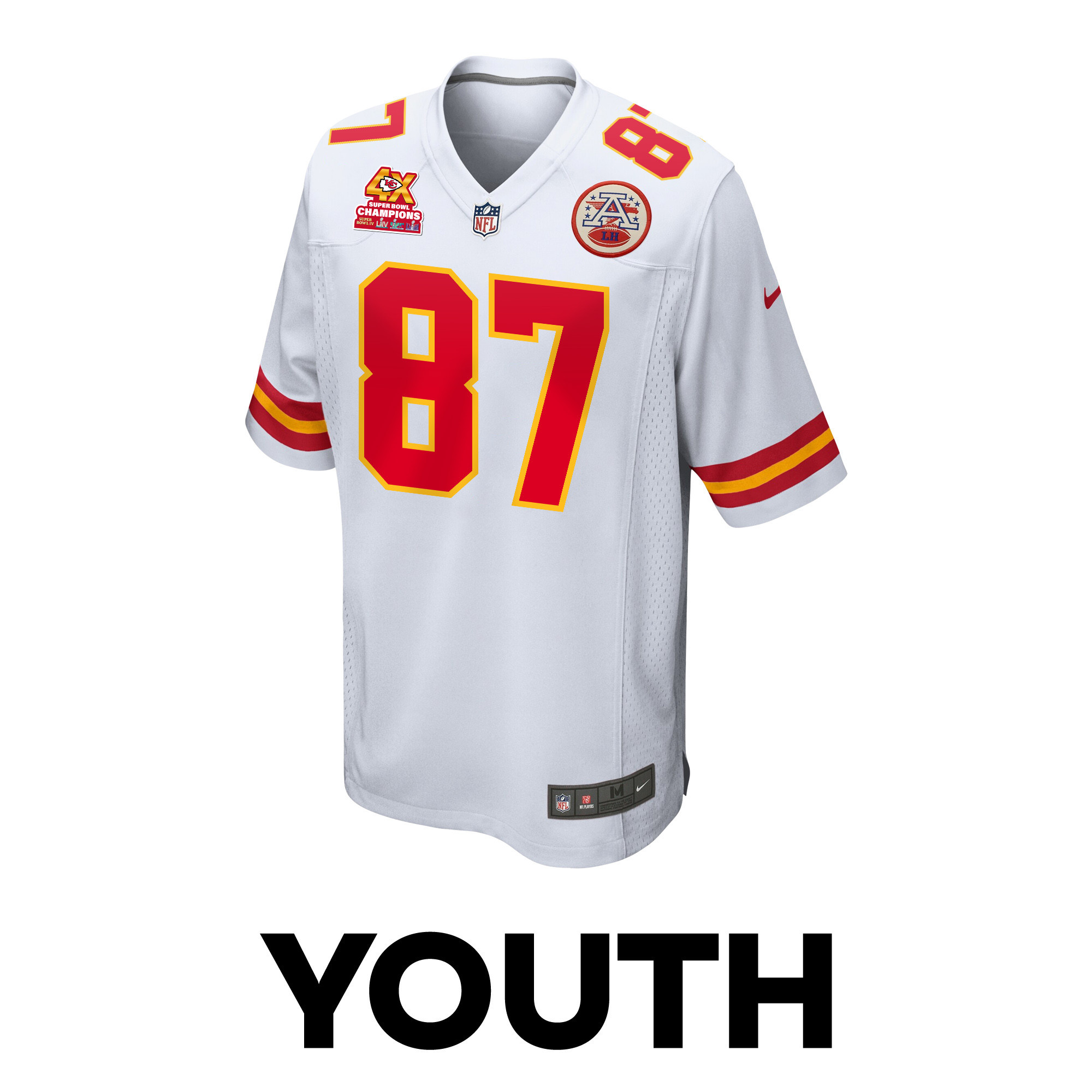 Travis Kelce 87 Kansas City Chiefs Super Bowl LVIII Champions 4X Game White NFL Jersey Youth