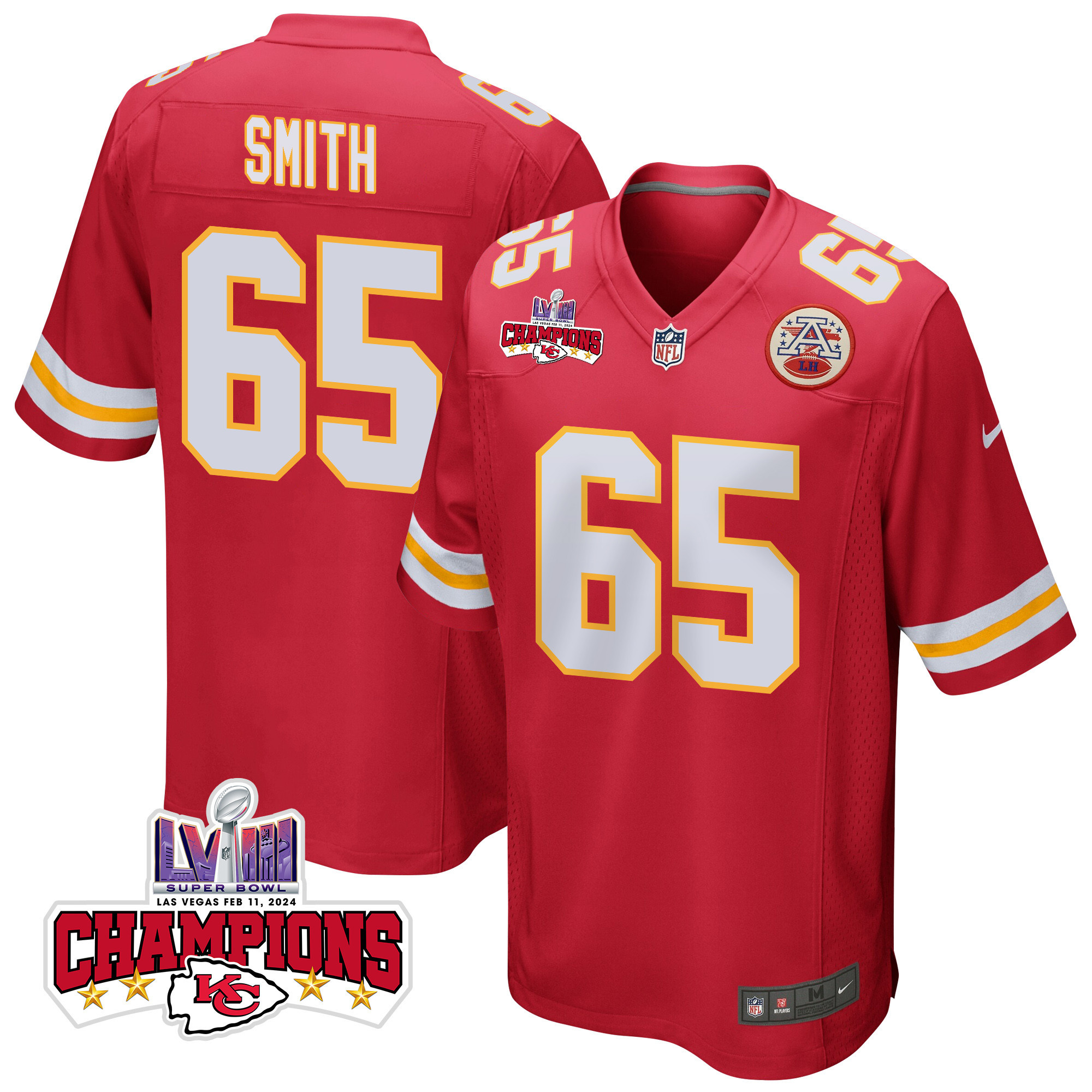 Trey Smith 65 Kansas City Chiefs Super Bowl LVIII Champions 4 Stars Patch Game Red NFL Jersey Men's