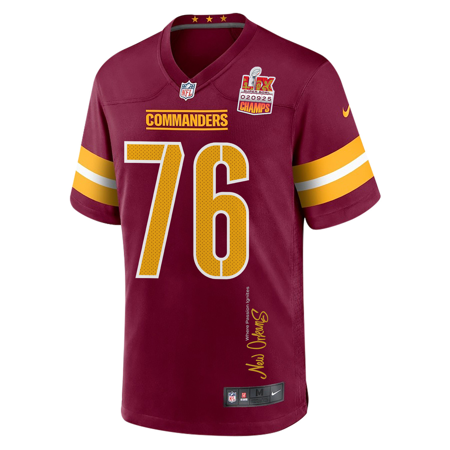 Sam Cosmi 76 Washington Commanders Super Bowl LIX Champions Patch New Orleans Where Passion Ignites' EMBROIDERED Game Burgundy NFL Jersey Men's