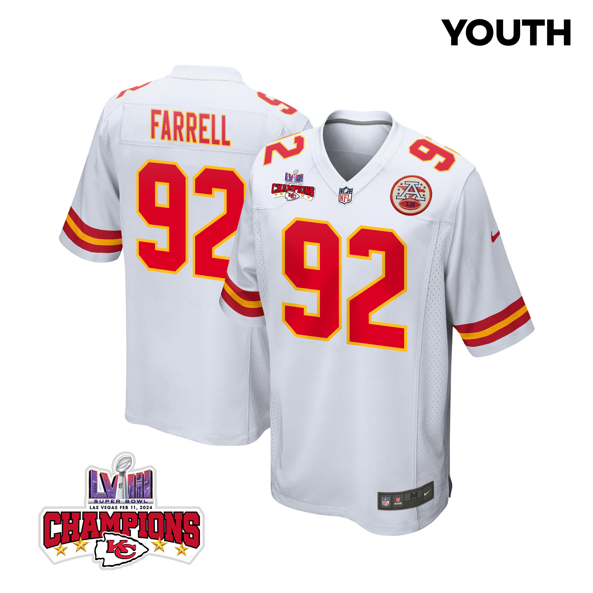 Neil Farrell 92 Kansas City Chiefs Super Bowl LVIII Champions 4 Stars Patch Game White NFL Jersey Youth