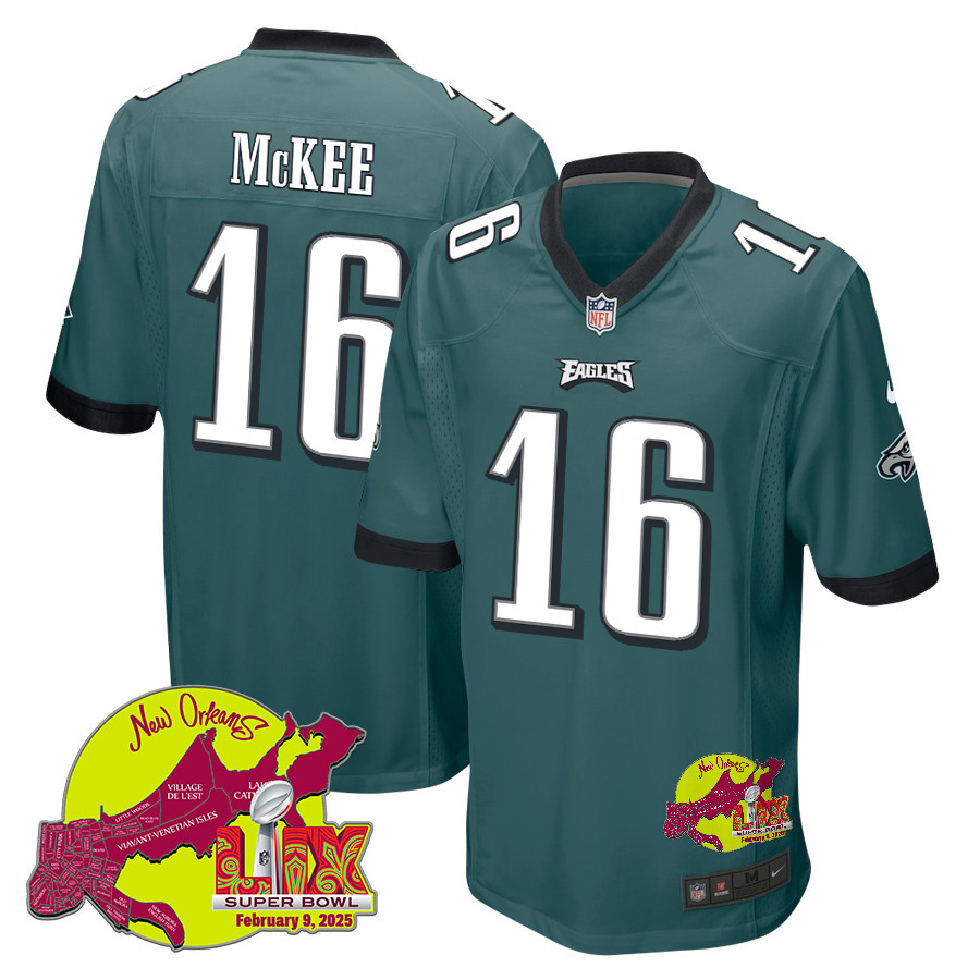 Tanner McKee 16 Philadelphia Eagles Super Bowl LIX New Orleans Patch Game Midnight Green NFL Jersey Men's
