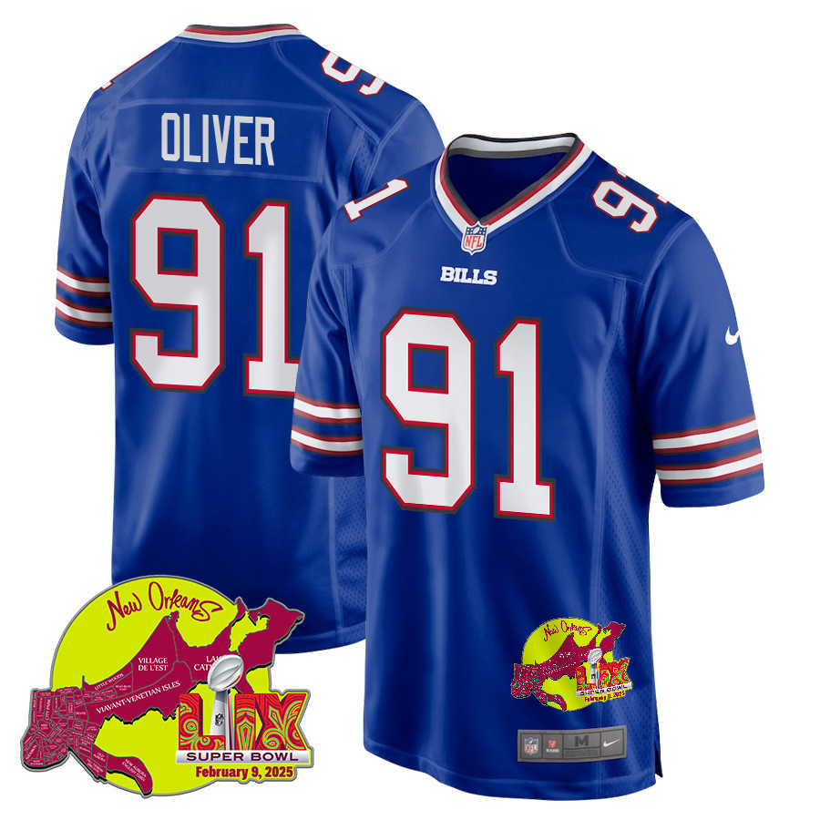 Ed Oliver 91 Buffalo Bills Super Bowl LIX New Orleans Patch Game Royal NFL Jersey Men's