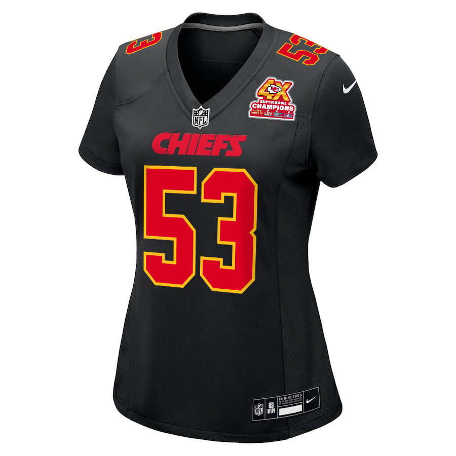 BJ Thompson 53 Kansas City Chiefs Super Bowl LVIII Champions 4X Fashion Game Carbon Black NFL Jersey Women's