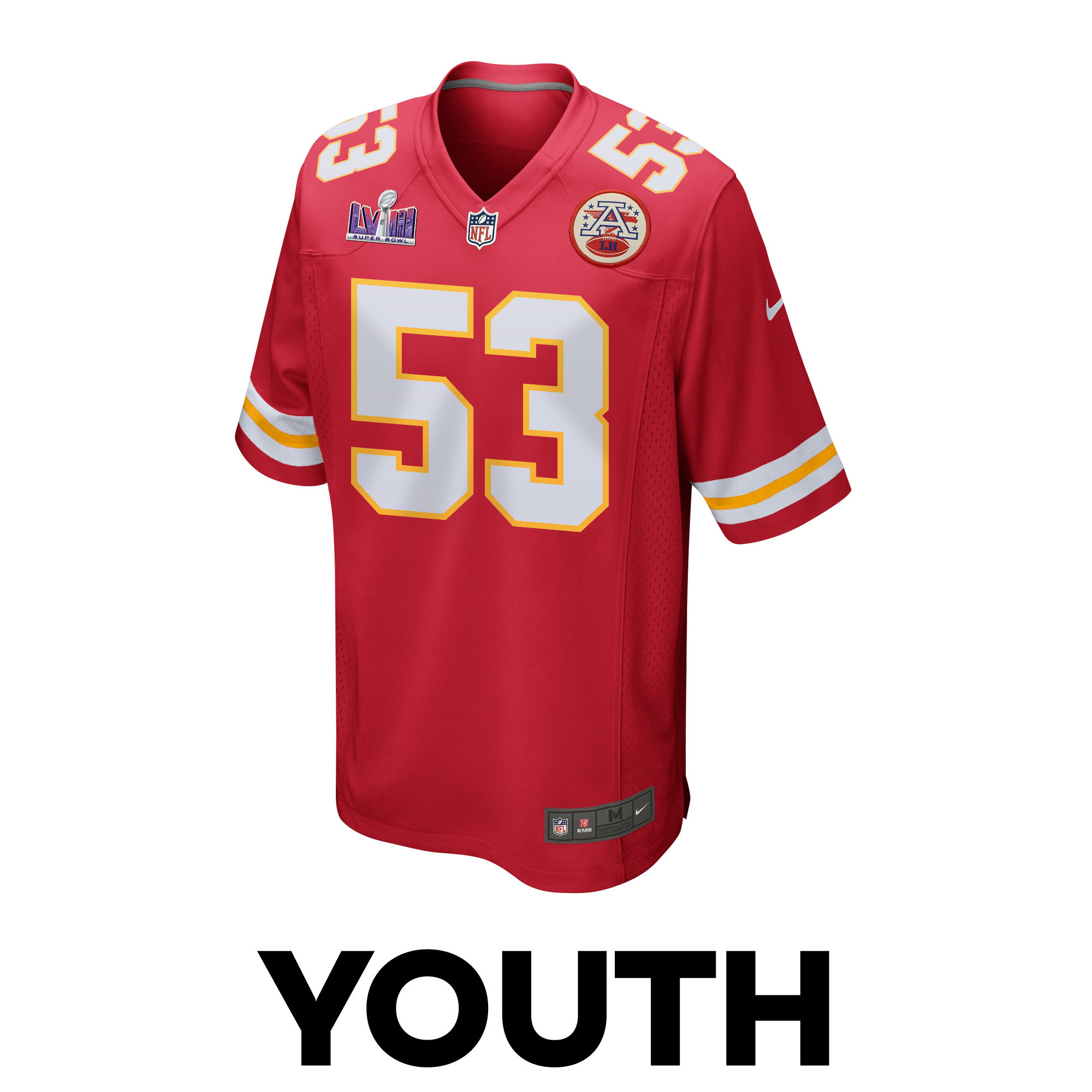 BJ Thompson 53 Kansas City Chiefs Super Bowl LVIII Patch Game Red NFL Jersey Youth