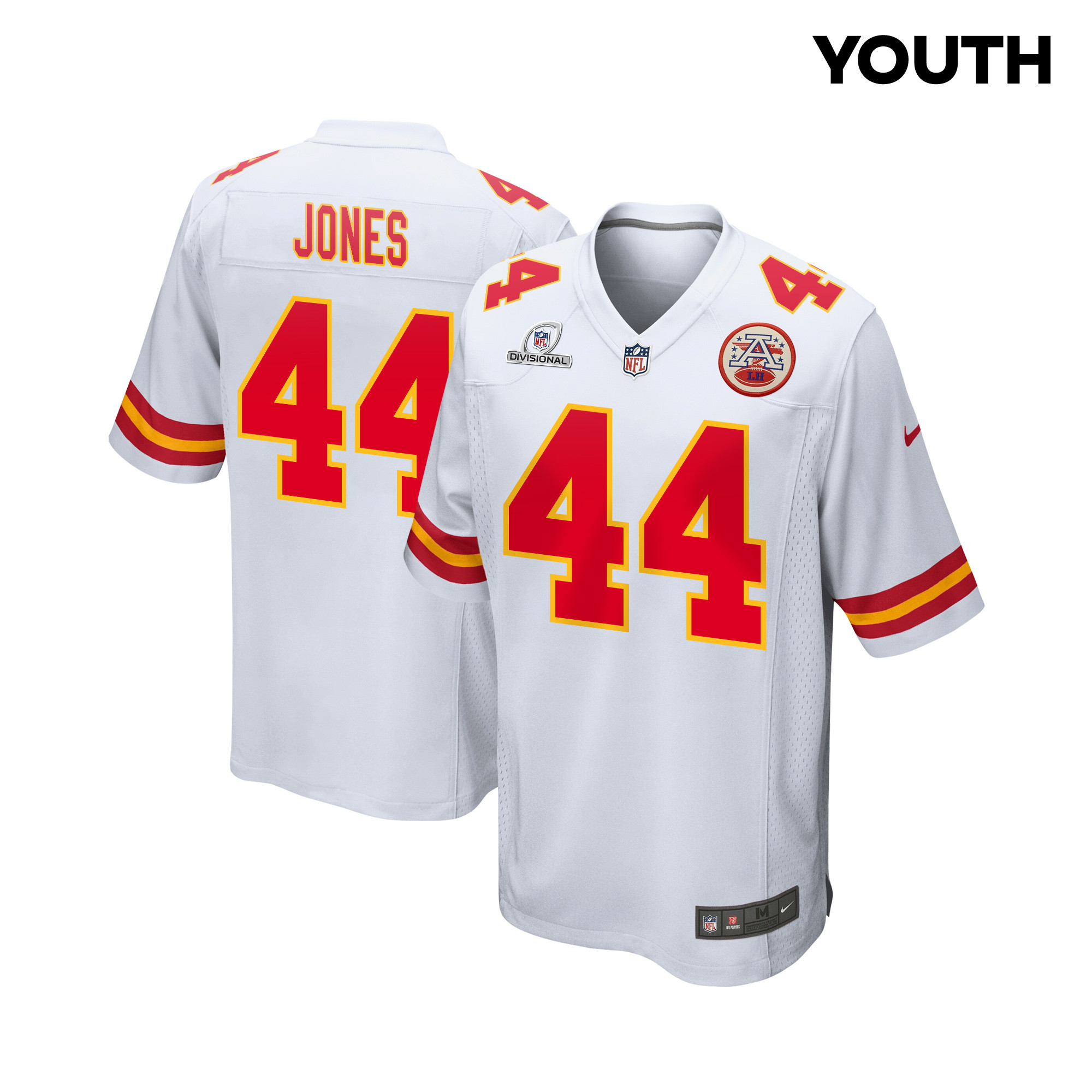 Cam Jones 44 Kansas City Chiefs Super Bowl LVIII Patch Game White NFL Jersey Youth