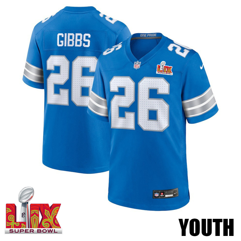Jahmyr Gibbs #26 Detroit Lions Super Bowl LIX Blue NFL Jersey Youth
