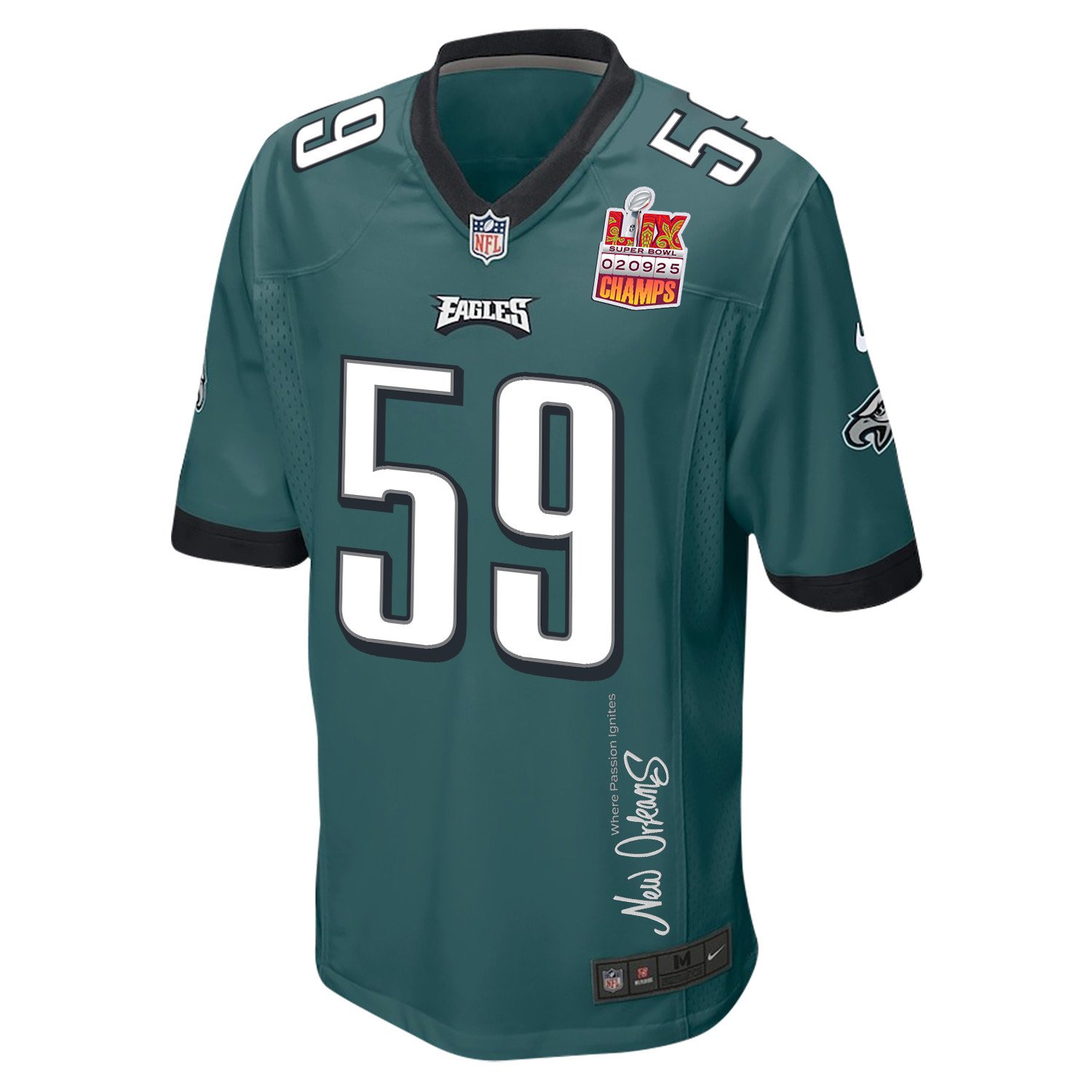 Thomas Booker IV 59 Philadelphia Eagles Super Bowl LIX Champions Patch New Orleans Where Passion Ignites' EMBROIDERED Game Midnight Green NFL Jersey Men's