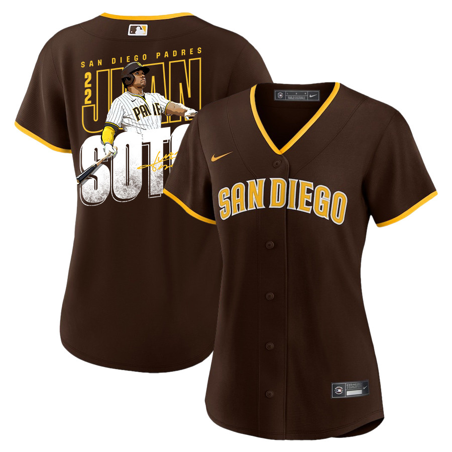 Juan Soto 22 San Diego Padres Signed Posture 2023 Road Player Brown MLB Jersey Women's