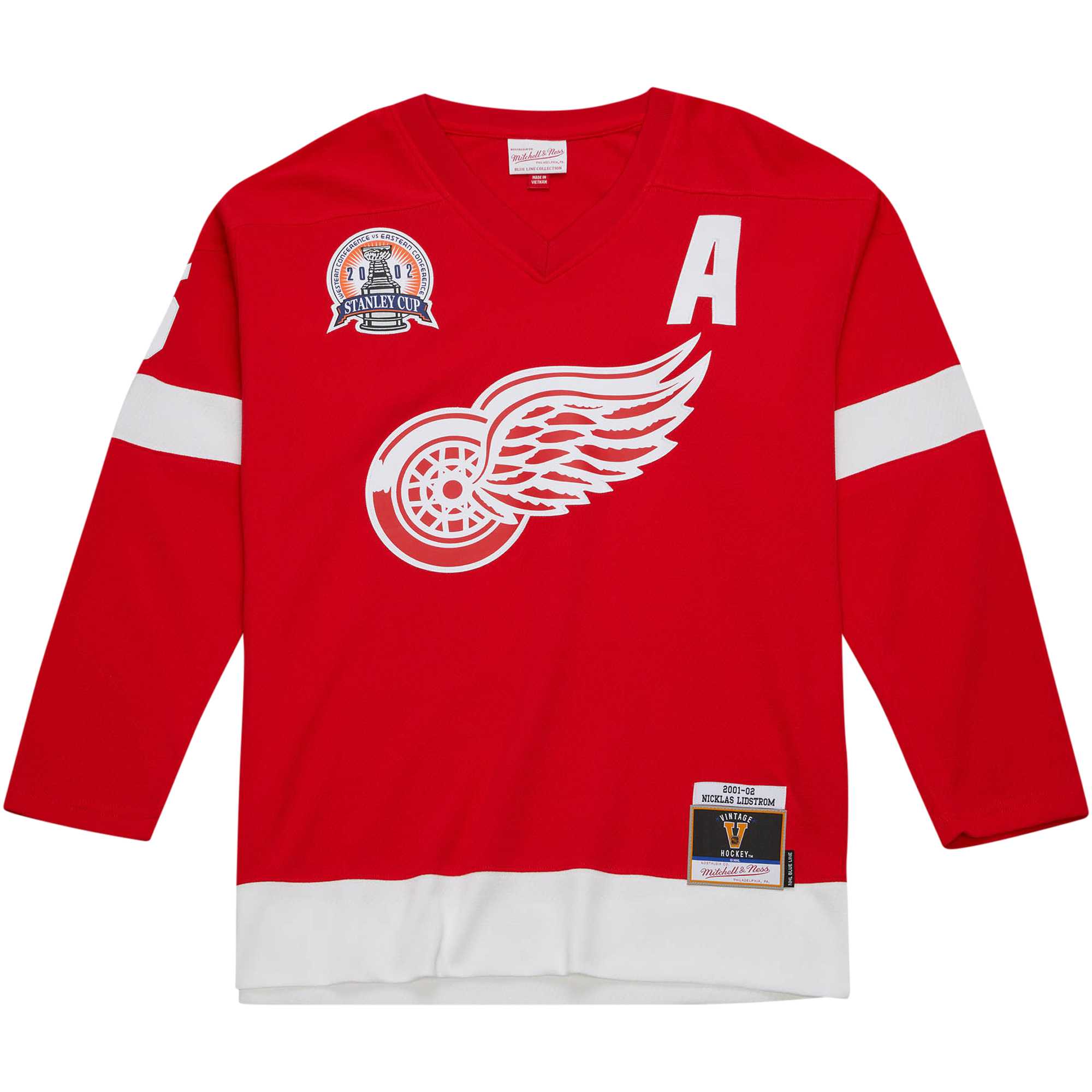 Detroit Red Wings Nicklas Lidstrom Mitchell Ness Red Alternate Captain Patch 2001/02 Blue Line Player NHL Jersey Men's