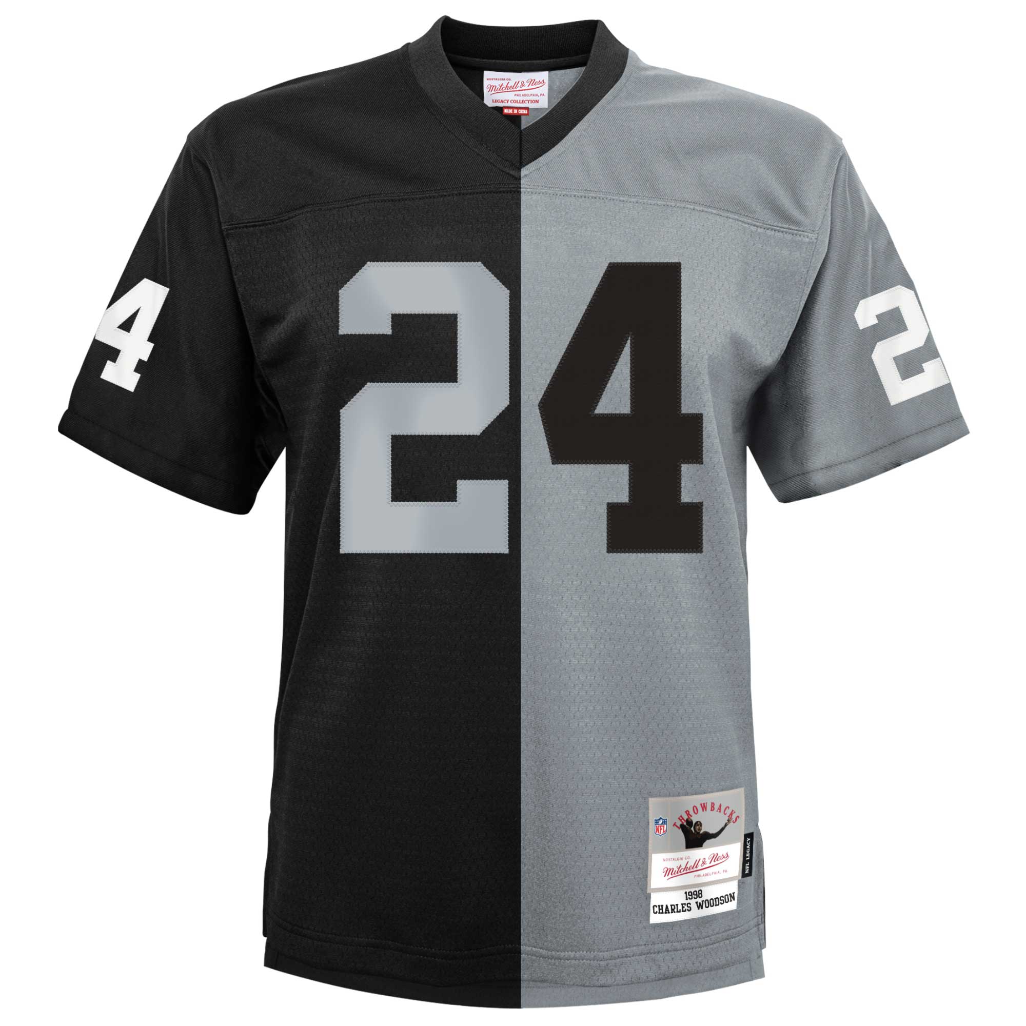 Las Vegas Raiders Charles Woodson Mitchell Ness Black/Silver Split Legacy NFL Jersey Youth