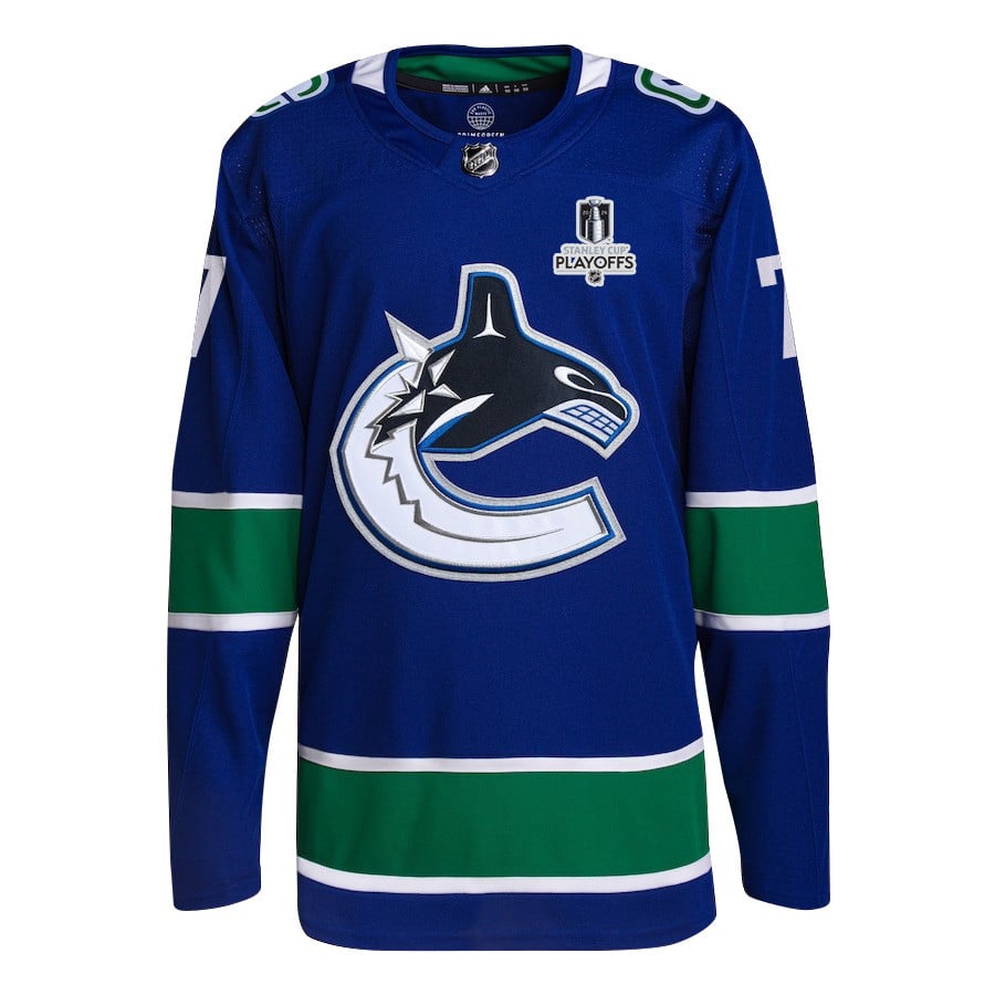 Carson Soucy 7 Vancouver Canucks 2024 Playoffs Patch Home Blue NHL Jersey Men's