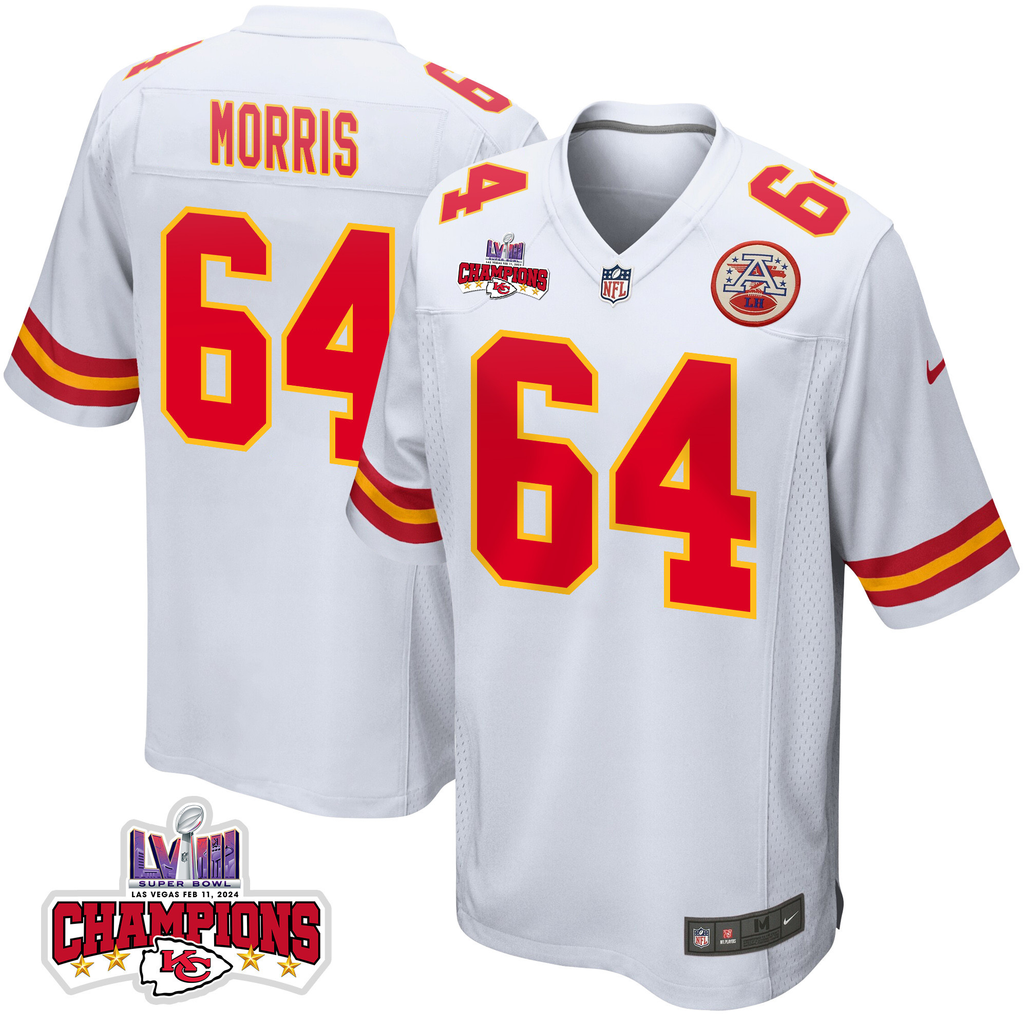 Wanya Morris 64 Kansas City Chiefs Super Bowl LVIII Champions 4 Stars Patch Game White NFL Jersey Men's