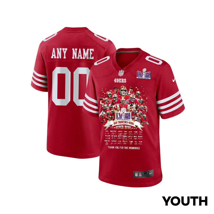 San Francisco 49ers Super Bowl LVIII Thanks For Memories Game Custom Scarlet NFL Jersey Youth