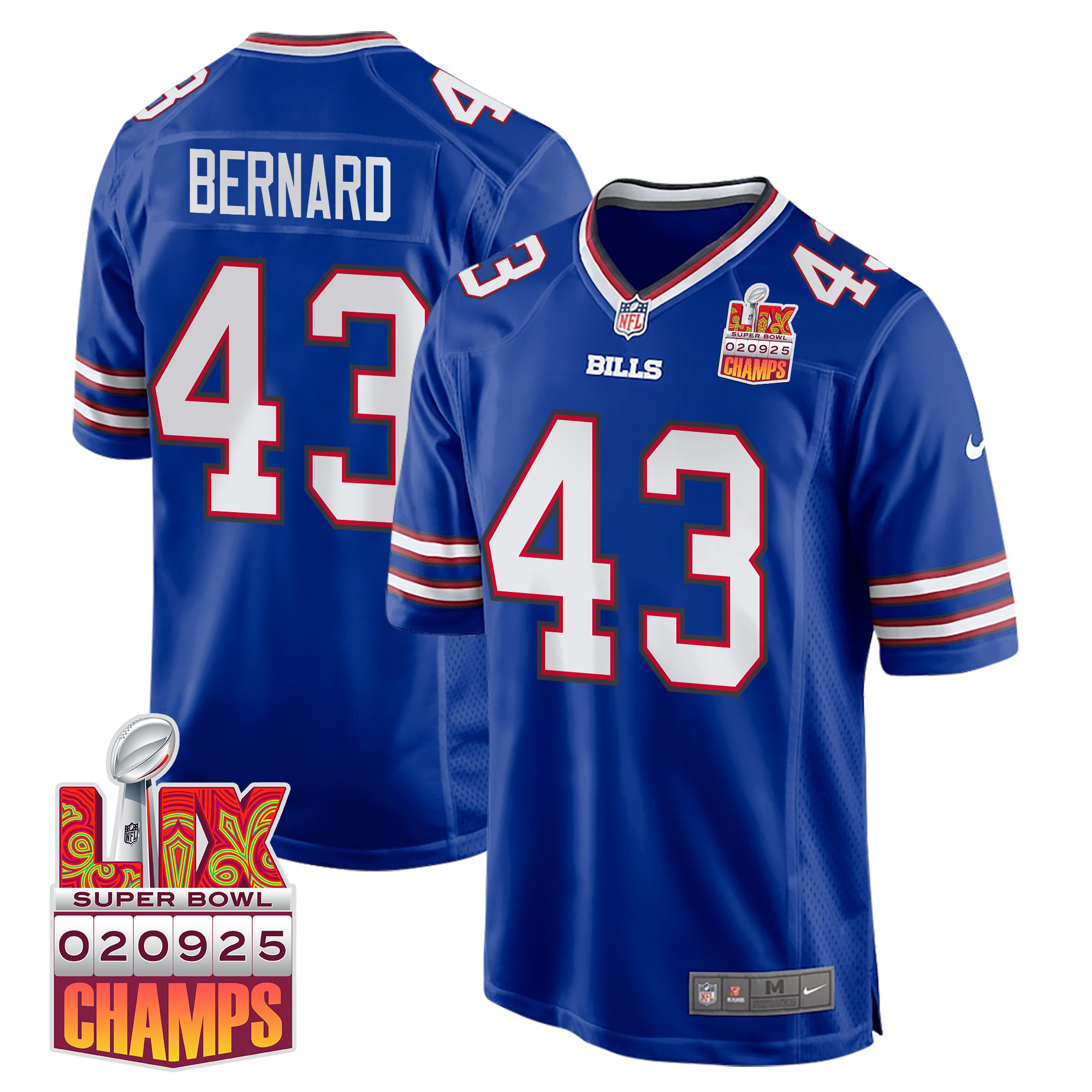 Terrel Bernard 43 Buffalo Bills Super Bowl LIX Champions Patch Game Royal NFL Jersey Men's