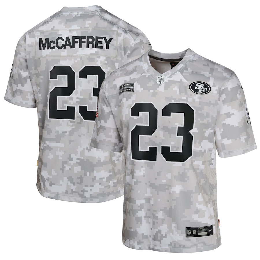 Christian McCaffrey 23 San Francisco 49ers 2024 Salute to Service Game Arctic Camo NFL Jersey Youth