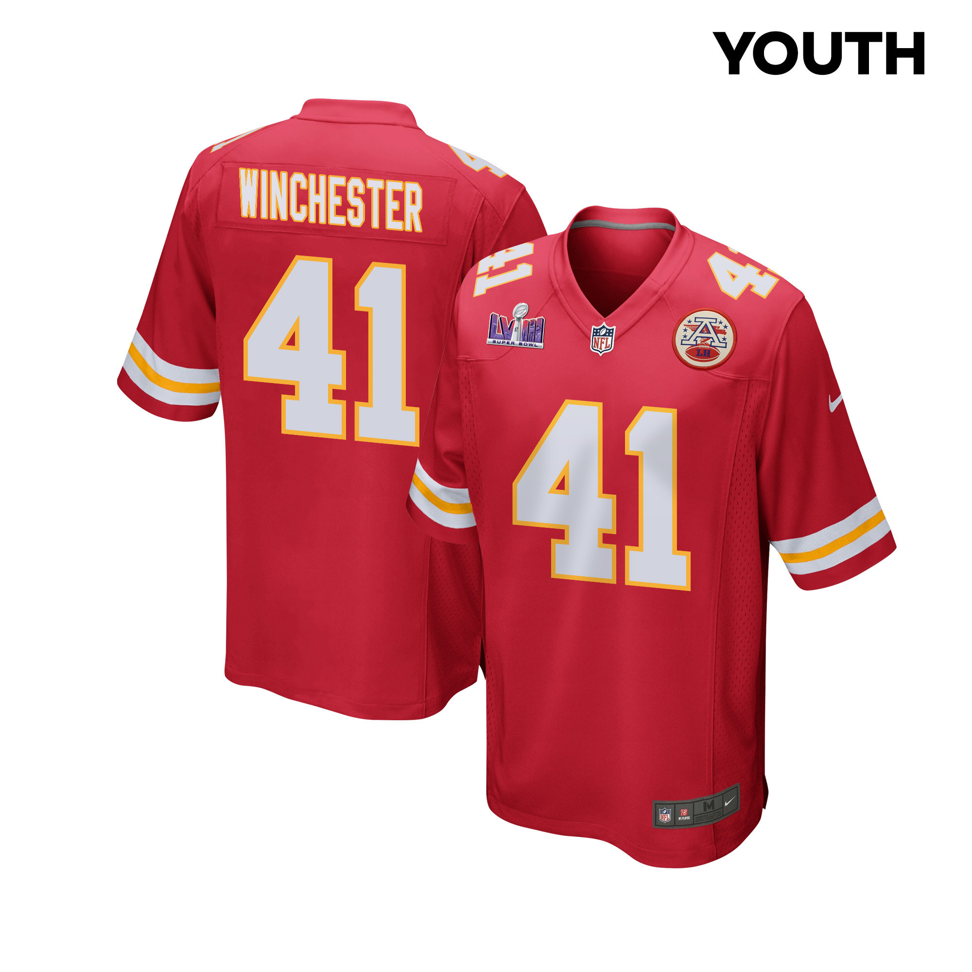 James Winchester 41 Kansas City Chiefs Super Bowl LVIII Patch Game Red NFL Jersey Youth