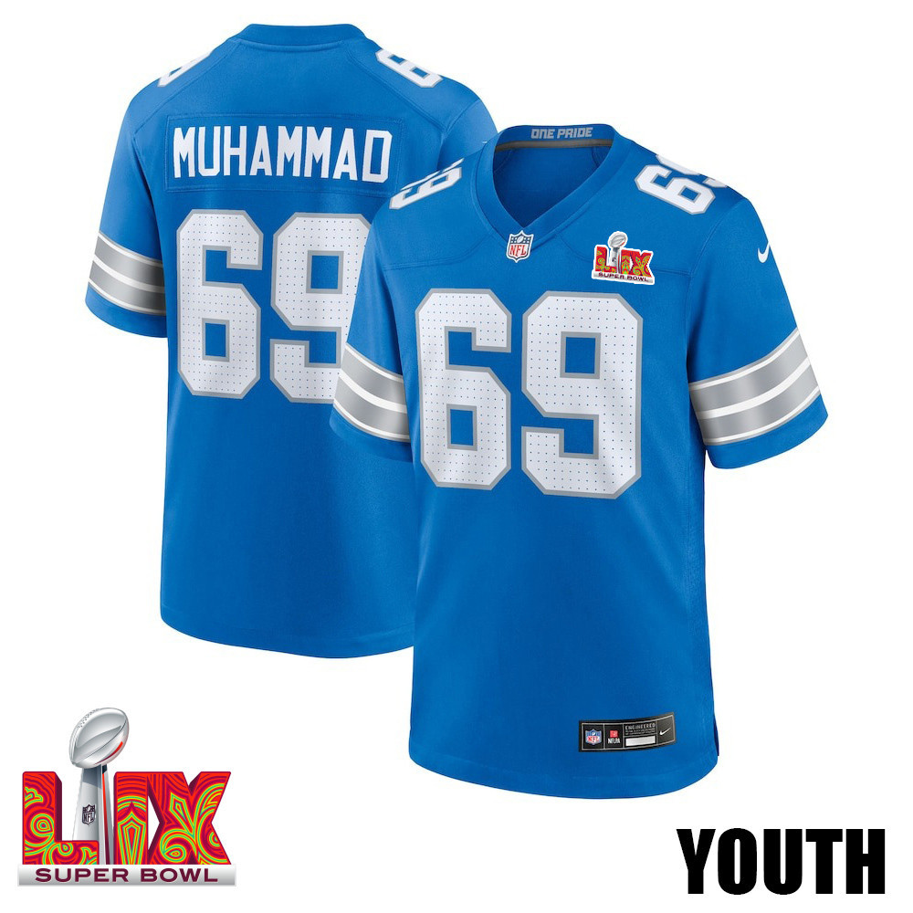 Al-Quadin Muhammad #69 Detroit Lions Super Bowl LIX Blue NFL Jersey Youth