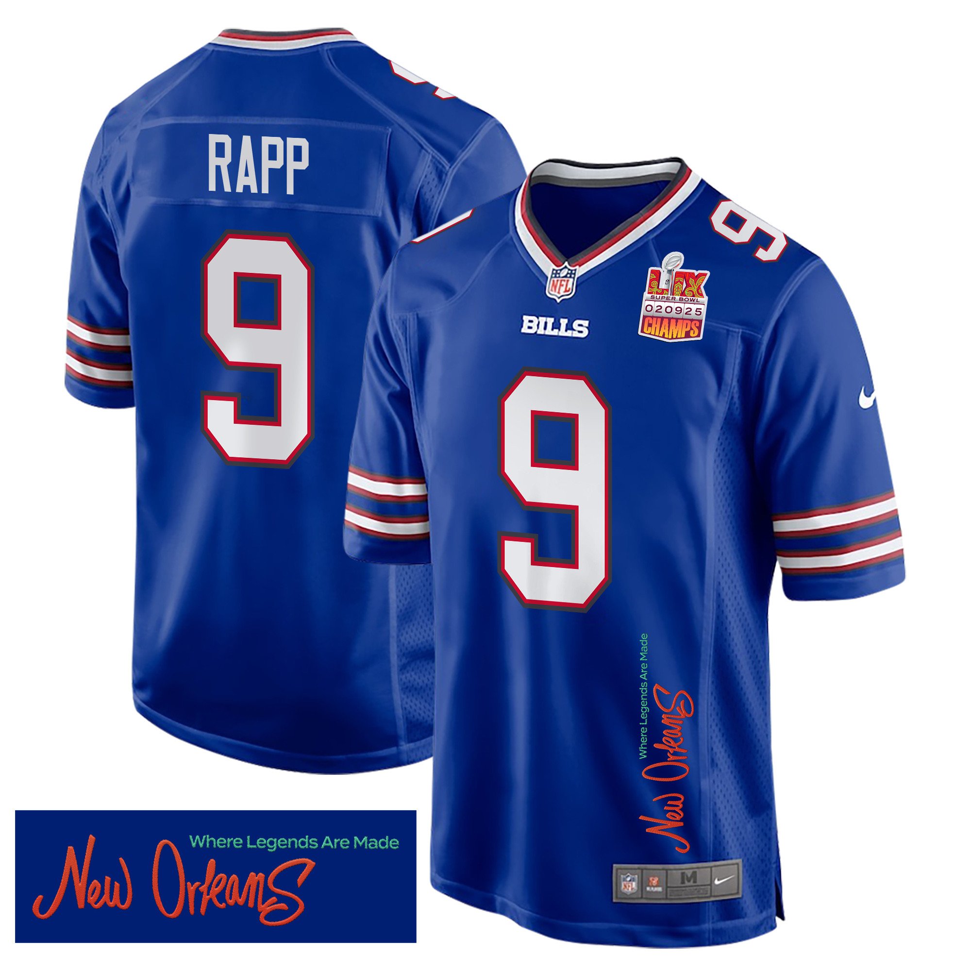 Taylor Rapp 9 Buffalo Bills Super Bowl LIX Champions Patch New Orleans Where Legends Are Made' EMBROIDERED Game Royal NFL Jersey Men's