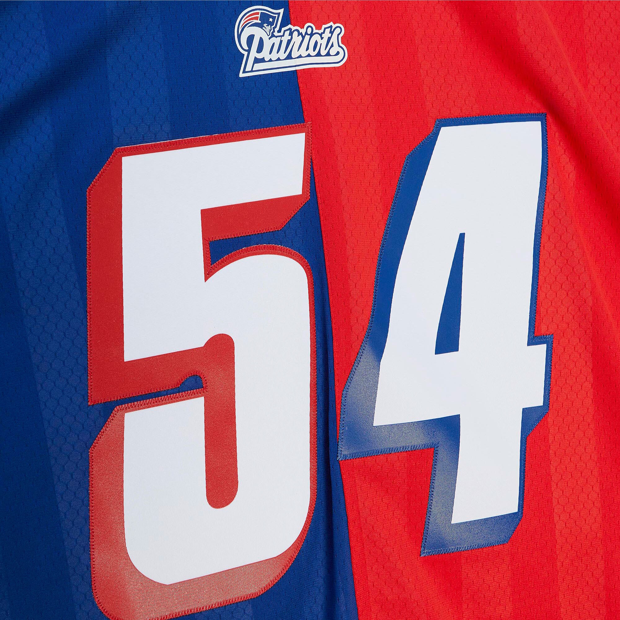 New England Patriots Tedy Bruschi Mitchell Ness Royal/Red 1996 Split Legacy NFL Jersey Men's