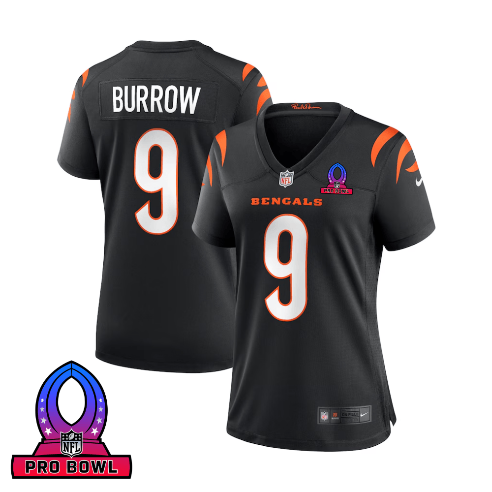 Joe Burrow 9 Cincinnati Bengals 2025 Pro Bowl Patch Game Black NFL Jersey Women's