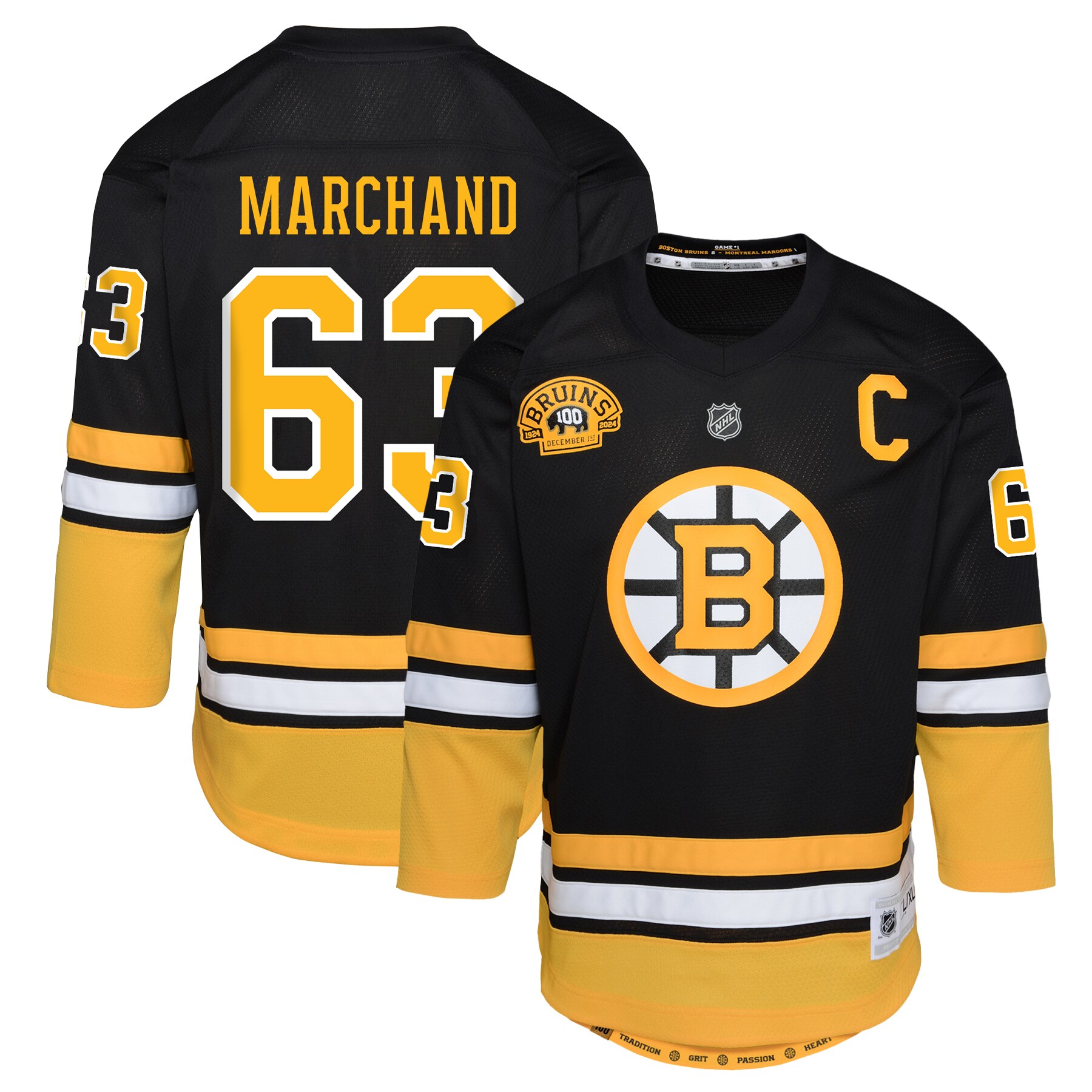 Boston Bruins Brad Marchand Black 100th Anniversary Player NHL Jersey Youth