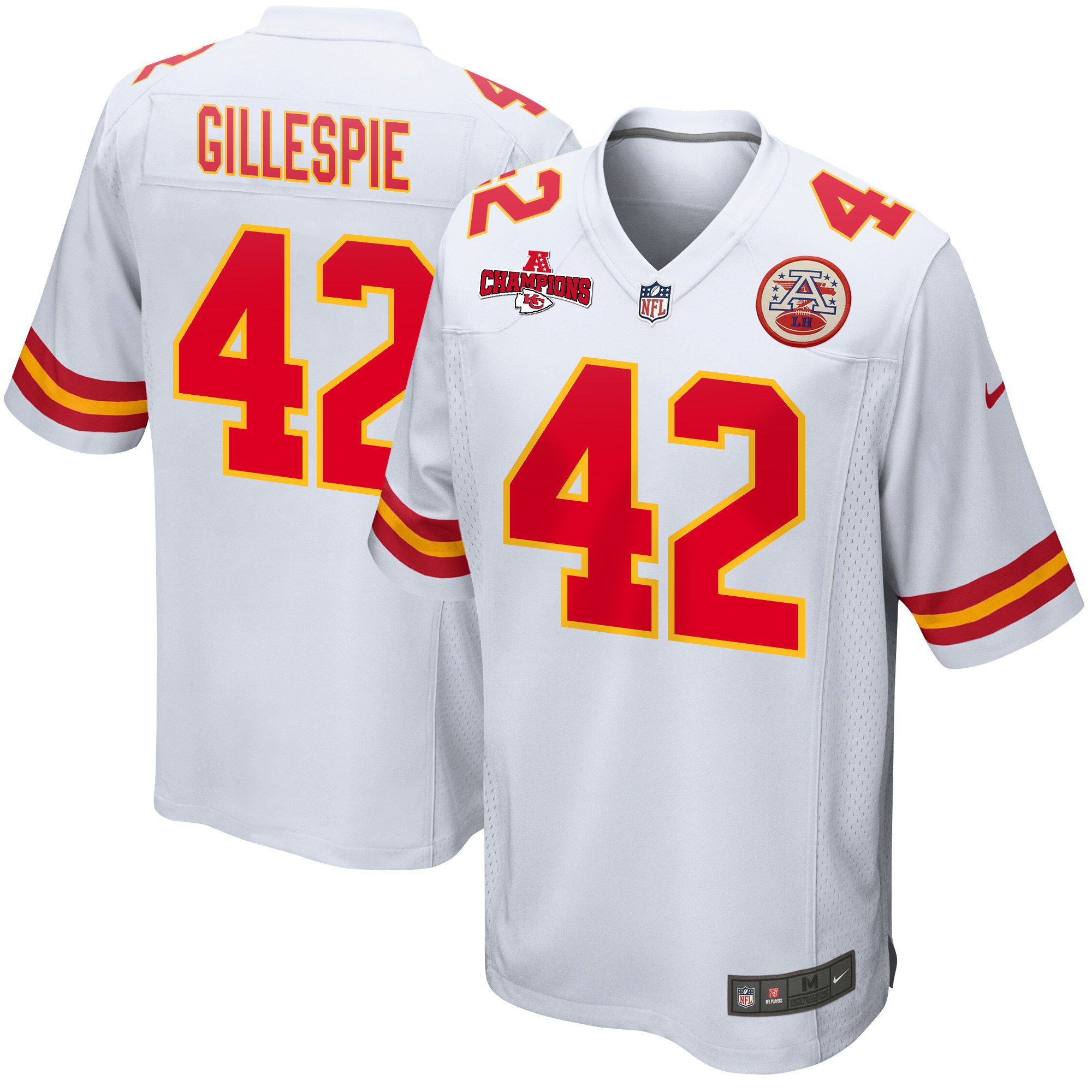Tyree Gillespie 42 Kansas City Chiefs AFC Champions Patch Game White NFL Jersey Men's
